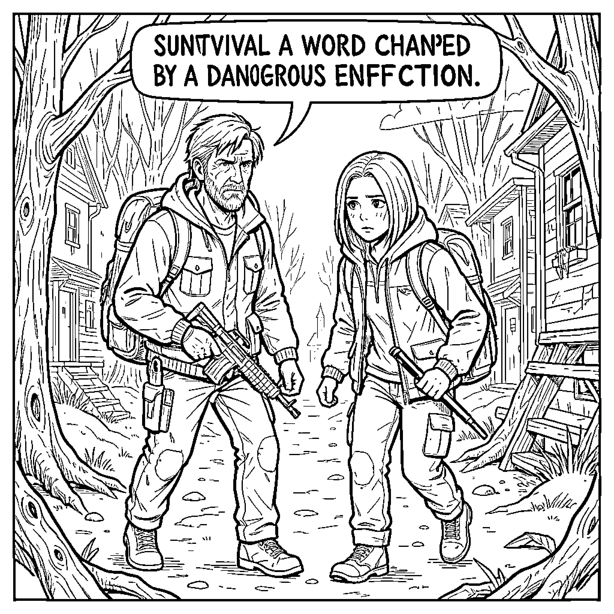 The Last Of Us survivors walking through a forest Coloring Page (free black-and-white line drawing printable PDF for all, from beginners to advanced learners, including children, teens, adults, and seniors)