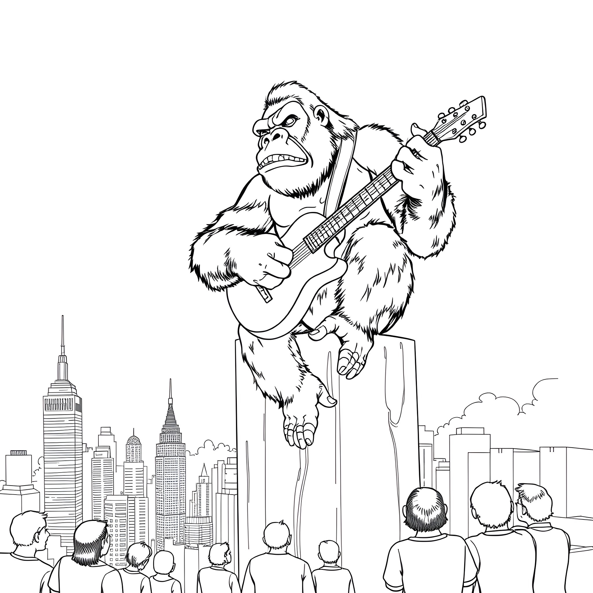 King Kong Rocking Out on a Guitar in the City Coloring Page (free black-and-white line drawing printable PDF for all, from beginners to advanced learners, including children, teens, adults, and seniors)