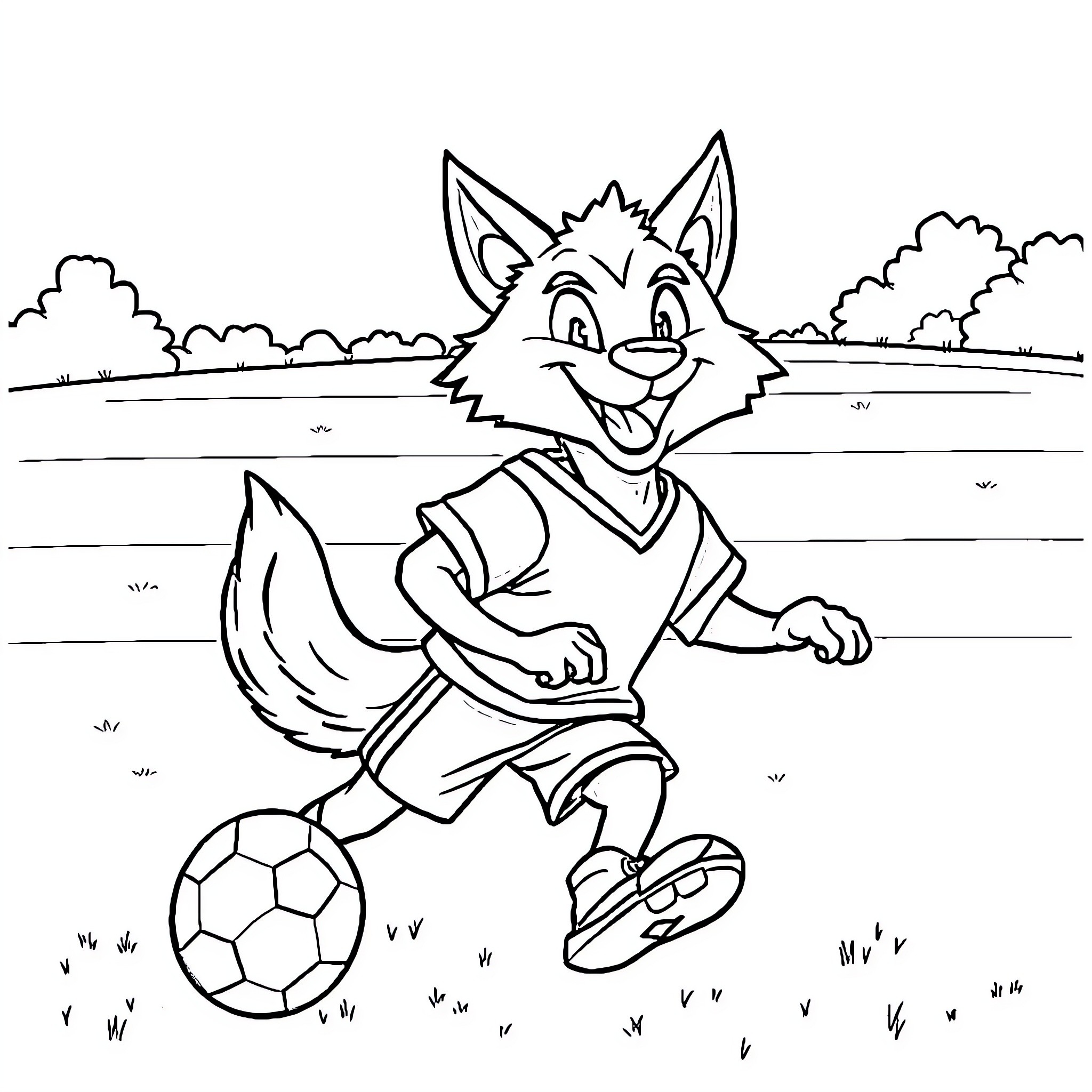 Wolf playing with soccer ball in the park Coloring Page (free black-and-white line drawing printable PDF for all, from beginners to advanced learners, including children, teens, adults, and seniors)