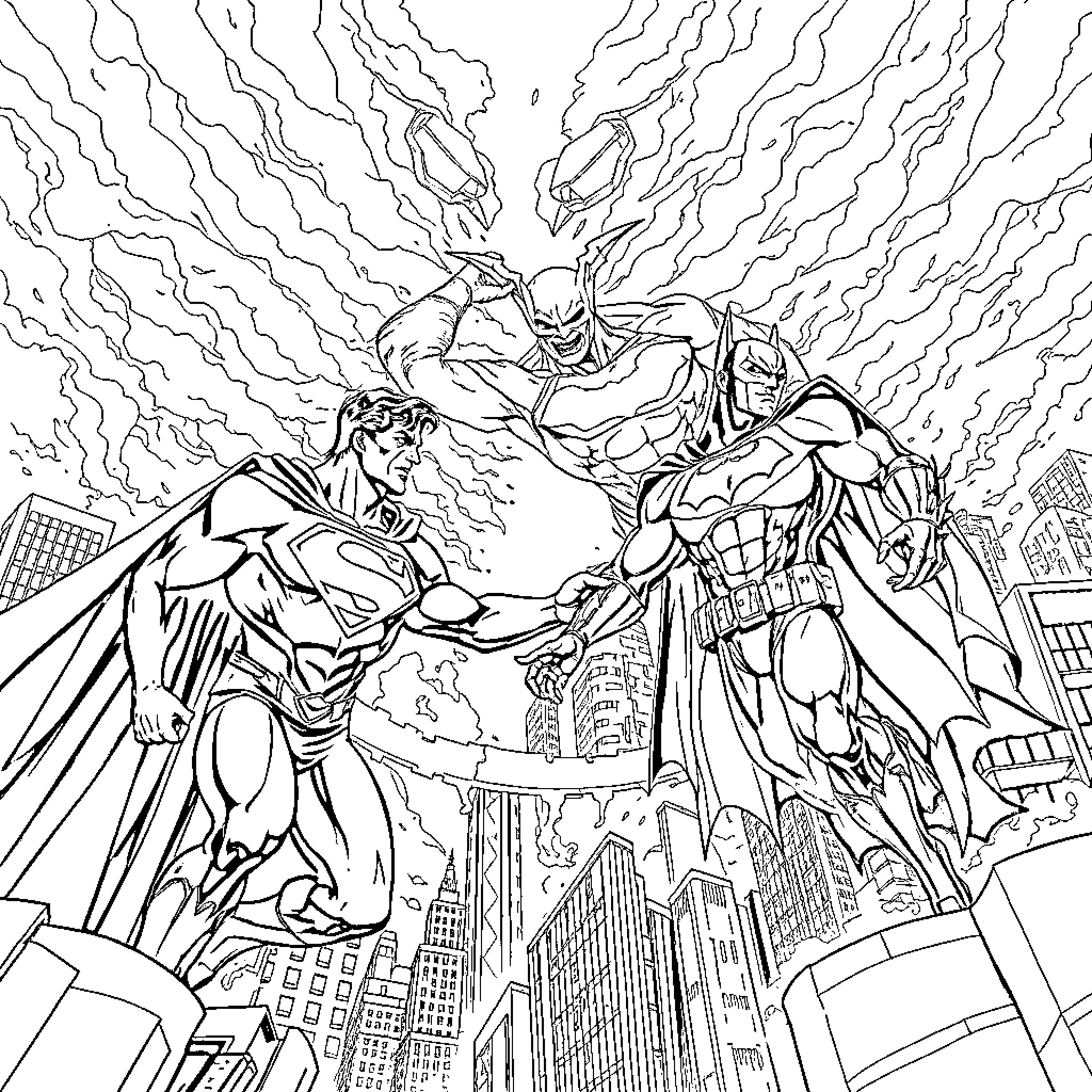 Superman battles villain in epic clash over city skyline Coloring Page (free black-and-white line drawing printable PDF for all, from beginners to advanced learners, including children, teens, adults, and seniors)