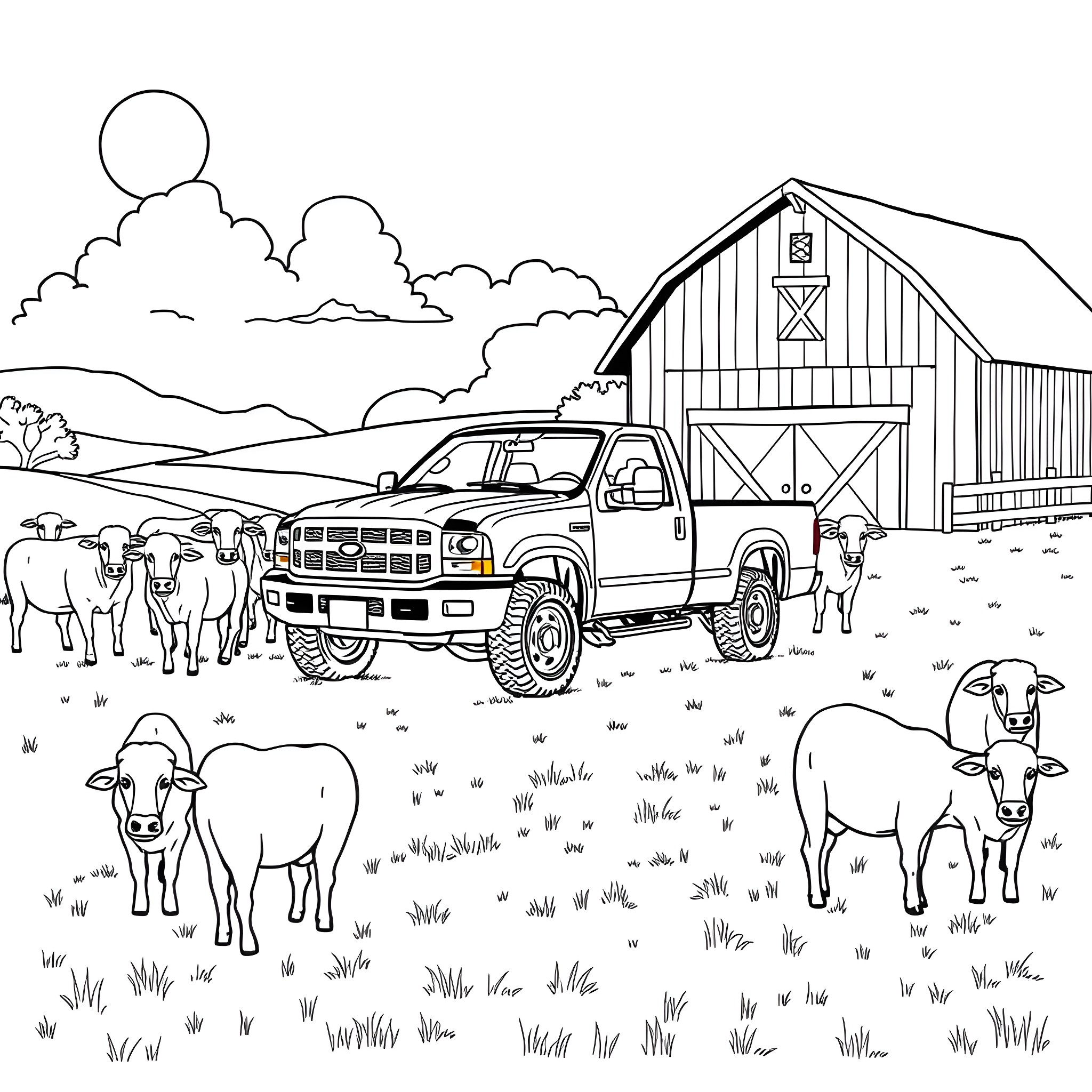 Livestock farm scene with animals and pickup truck Coloring Page (free black-and-white line drawing printable PDF for all, from beginners to advanced learners, including children, teens, adults, and seniors)