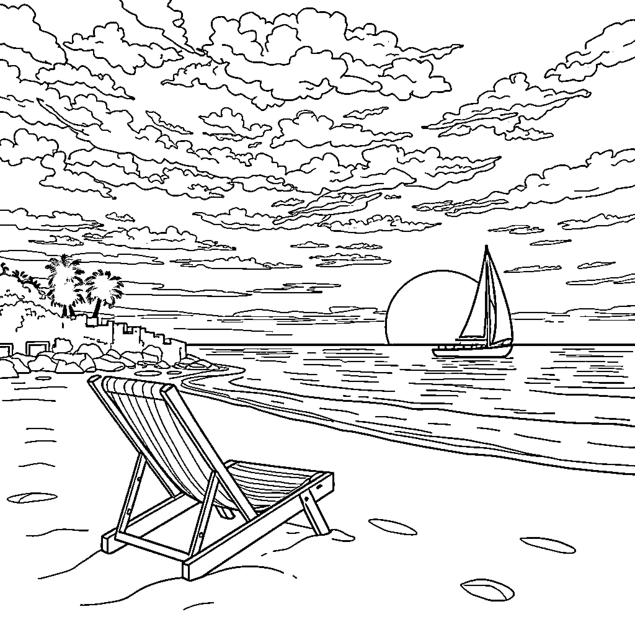 Sunset at the Beach with Sailboat and Lounge Chair Coloring Page (free black-and-white line drawing printable PDF for all, from beginners to advanced learners, including children, teens, adults, and seniors)