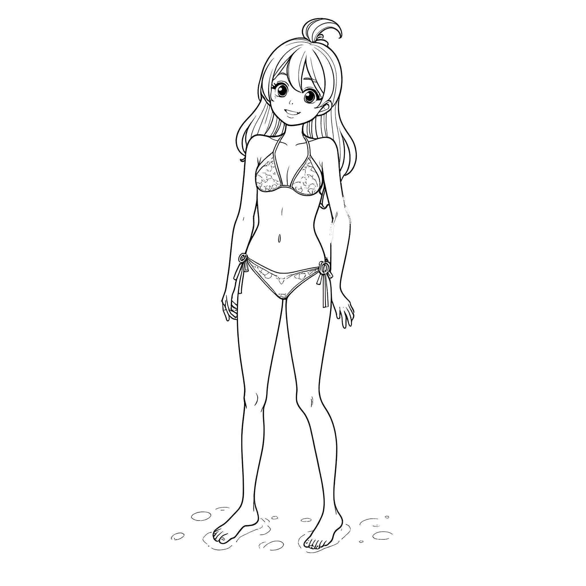 Anime Girl in Beach Bikini Pose Coloring Page (free black-and-white line drawing printable PDF for all, from beginners to advanced learners, including children, teens, adults, and seniors)