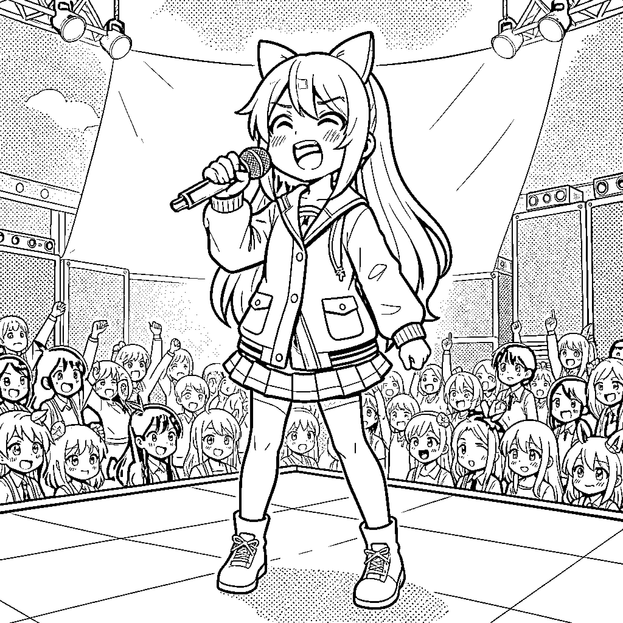 Mafuyu singing joyfully into a microphone on stage Coloring Page (free black-and-white line drawing printable PDF for all, from beginners to advanced learners, including children, teens, adults, and seniors)