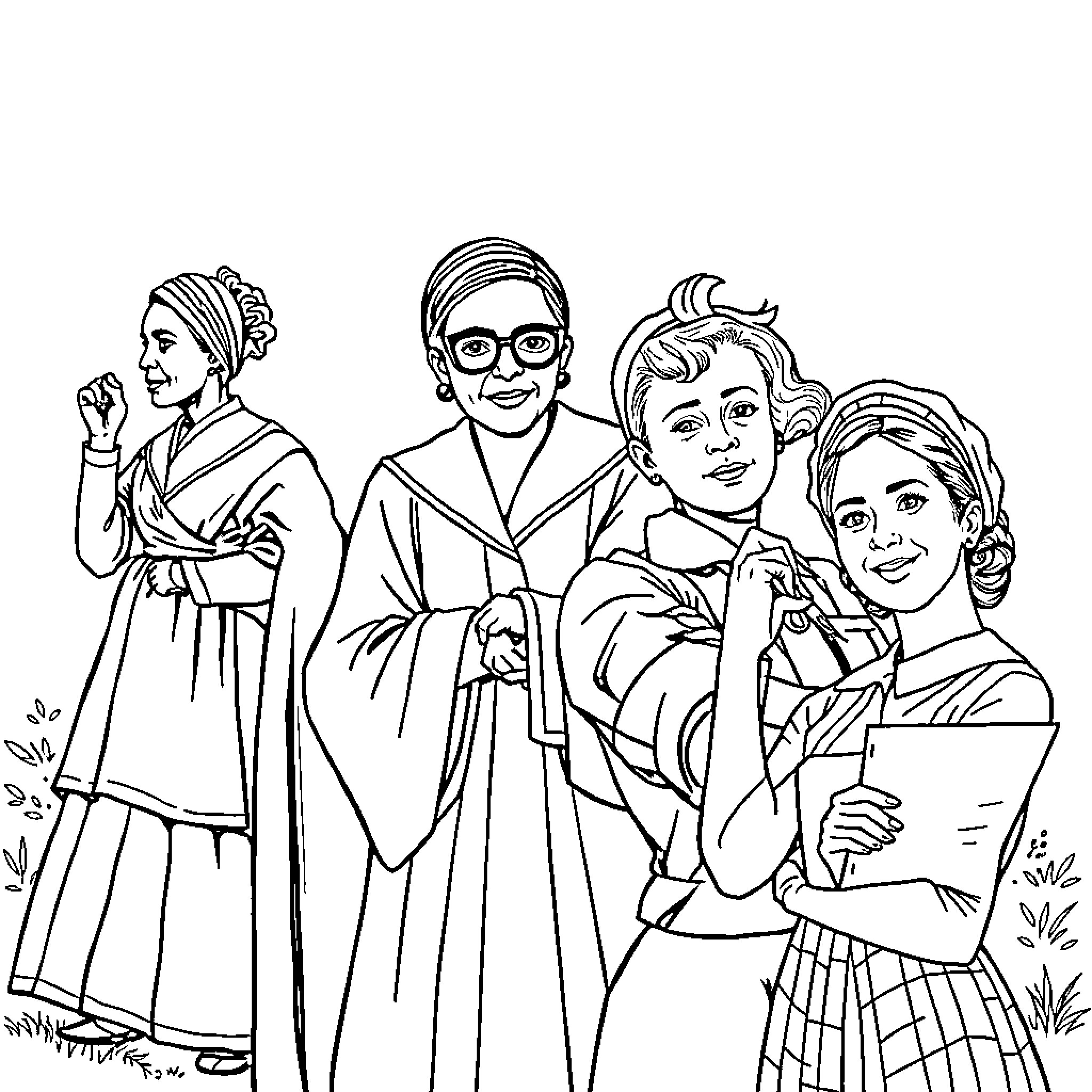 Women in Vintage Outfits Engaging in Conversation Coloring Page (free black-and-white line drawing printable PDF for all, from beginners to advanced learners, including children, teens, adults, and seniors)