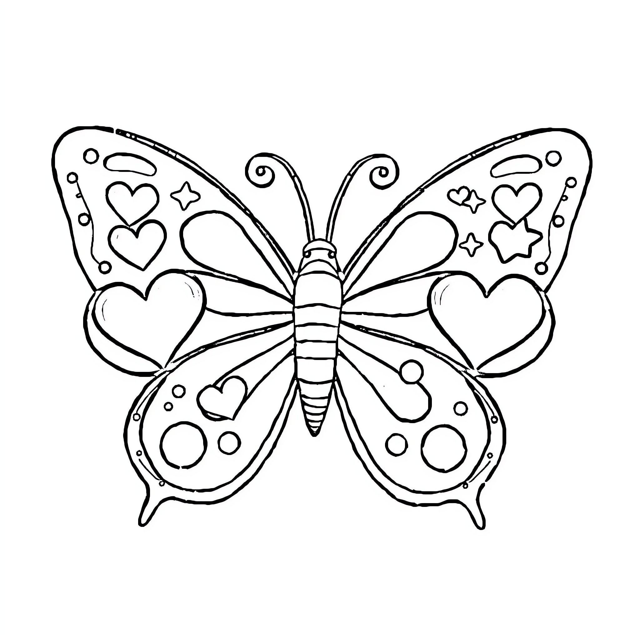 Butterfly with whimsical decorations Coloring Page (free black-and-white line drawing printable PDF for all, from beginners to advanced learners, including children, teens, adults, and seniors)