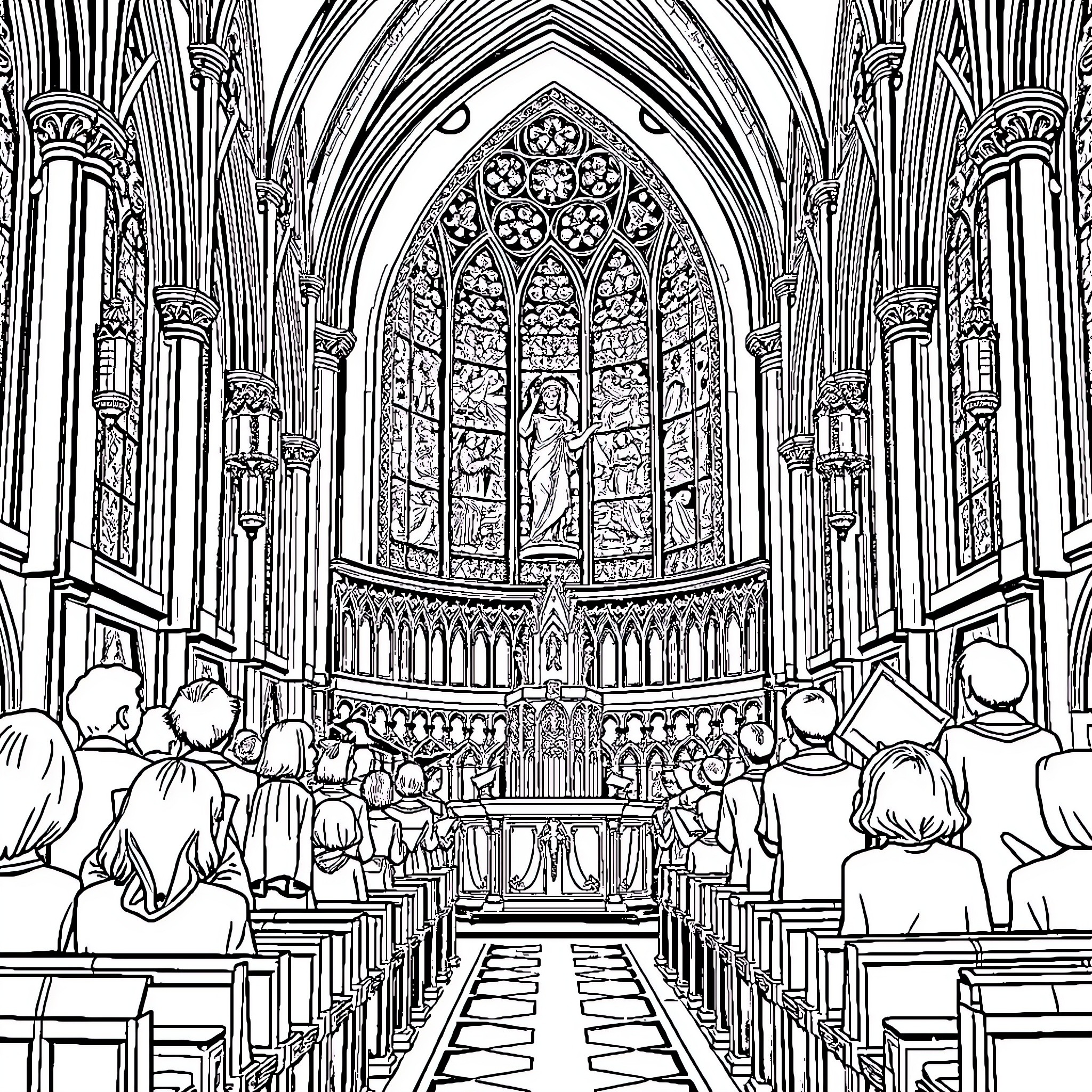 Choir members in ornate cathedral setting Coloring Page (free black-and-white line drawing printable PDF for all, from beginners to advanced learners, including children, teens, adults, and seniors)
