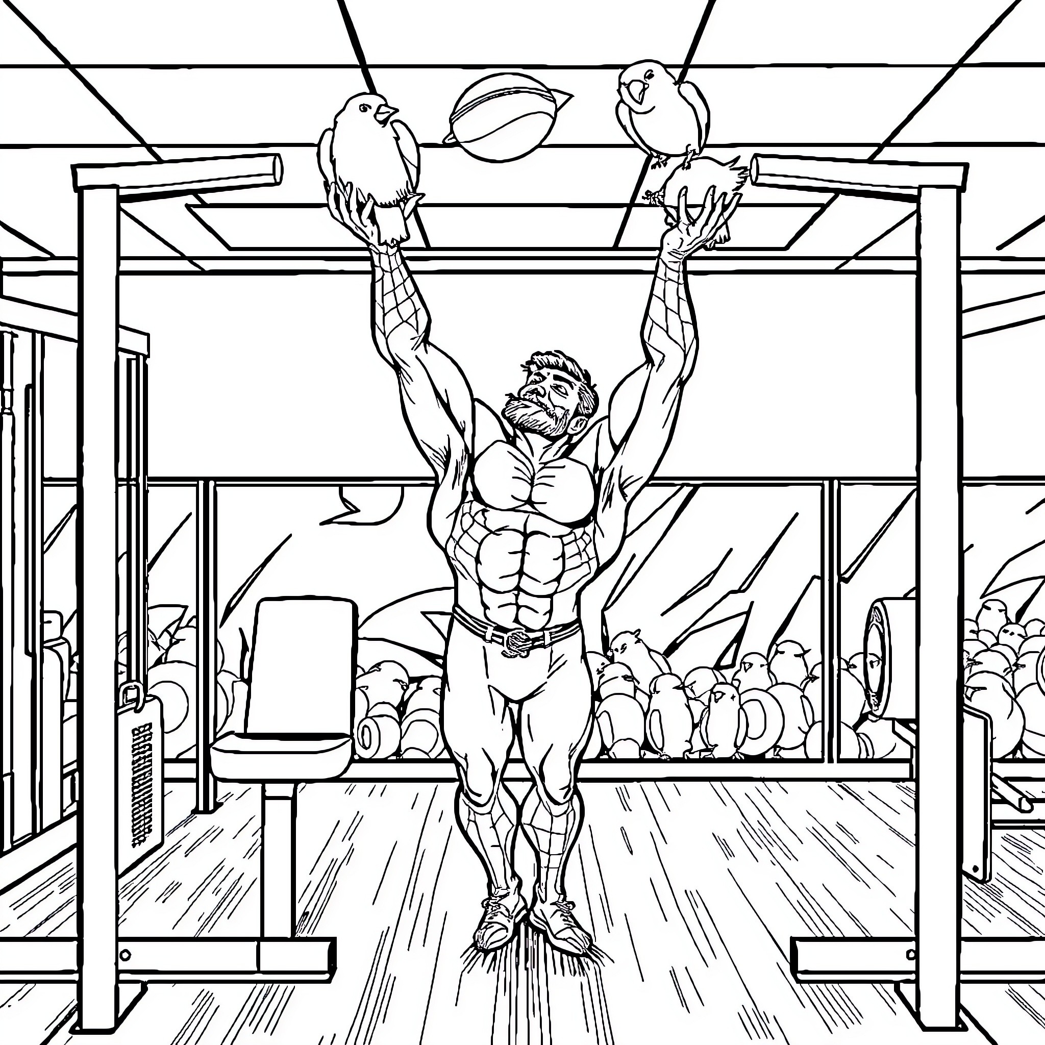 Hombre Araña performing acrobatic stunts in a crowded arena Coloring Page (free black-and-white line drawing printable PDF for all, from beginners to advanced learners, including children, teens, adults, and seniors)