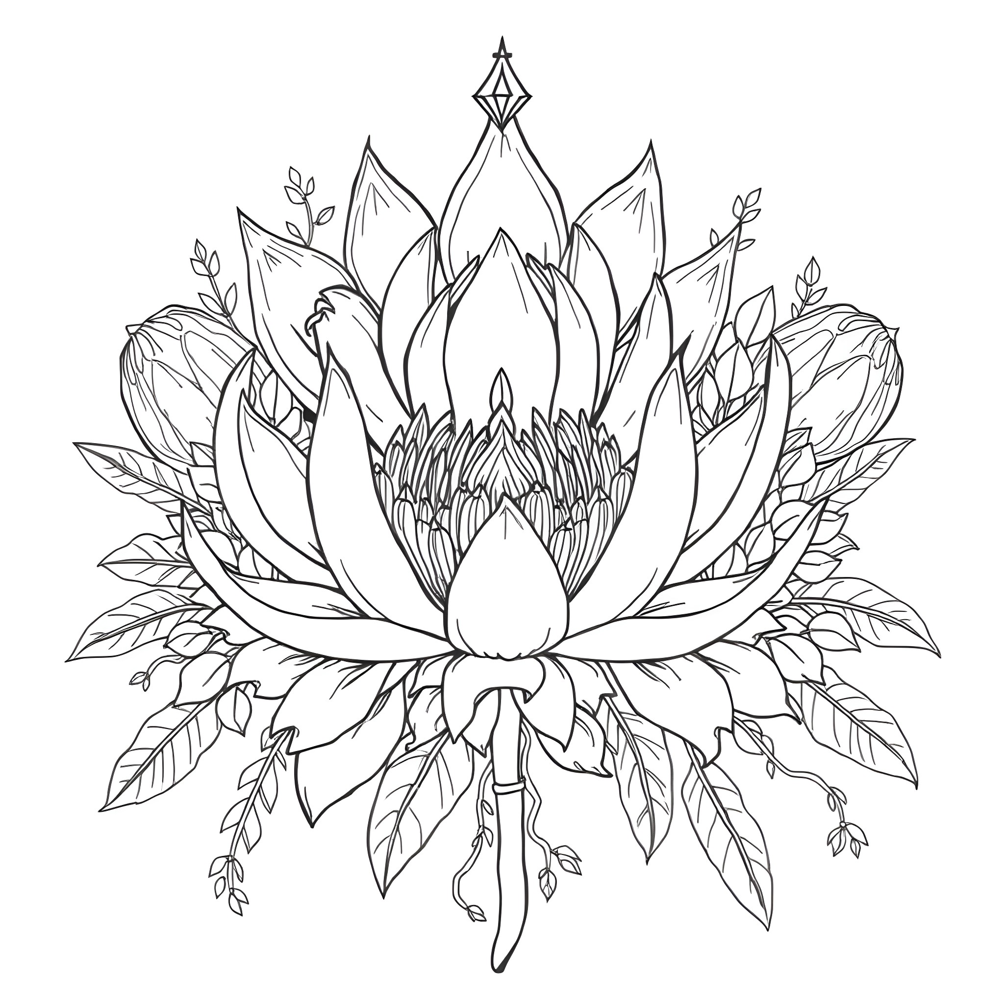 Protea flower in intricate botanical design Coloring Page (free black-and-white line drawing printable PDF for all, from beginners to advanced learners, including children, teens, adults, and seniors)