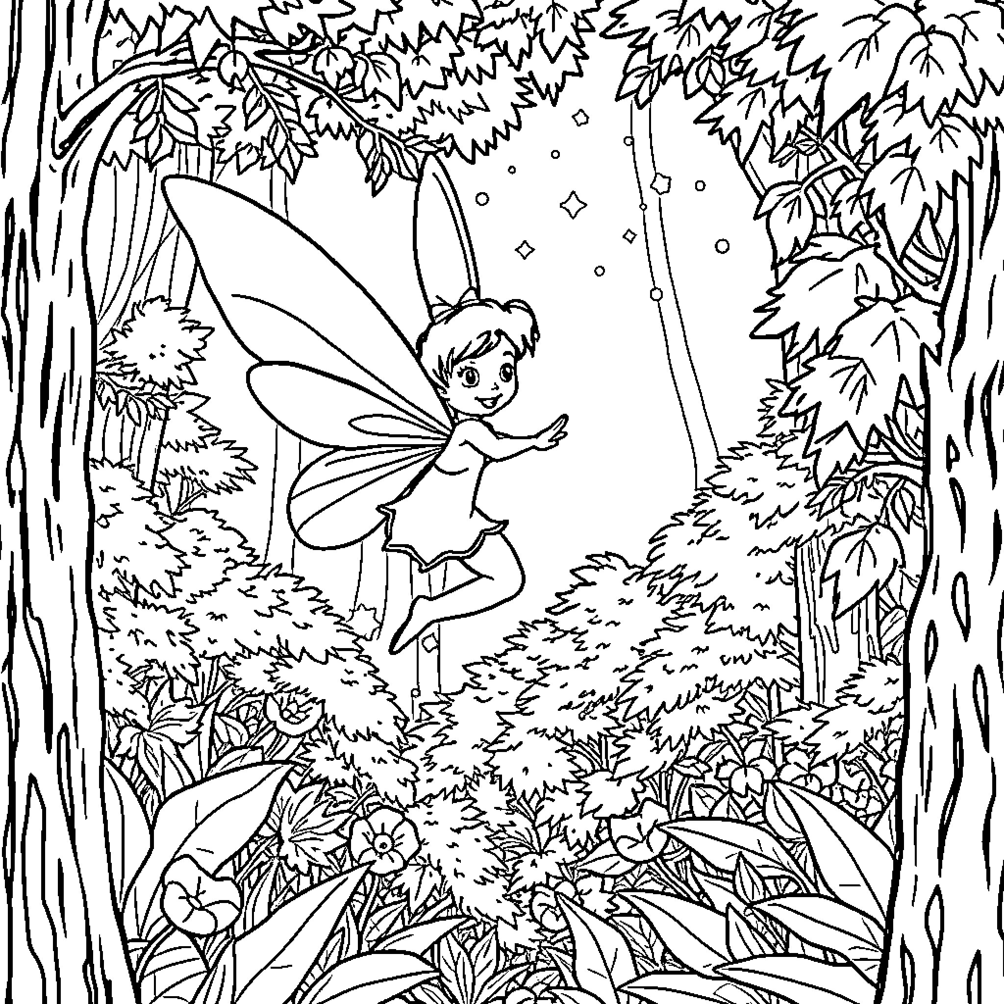 Tooth Fairy dancing in magical fairy forest Coloring Page (free black-and-white line drawing printable PDF for all, from beginners to advanced learners, including children, teens, adults, and seniors)