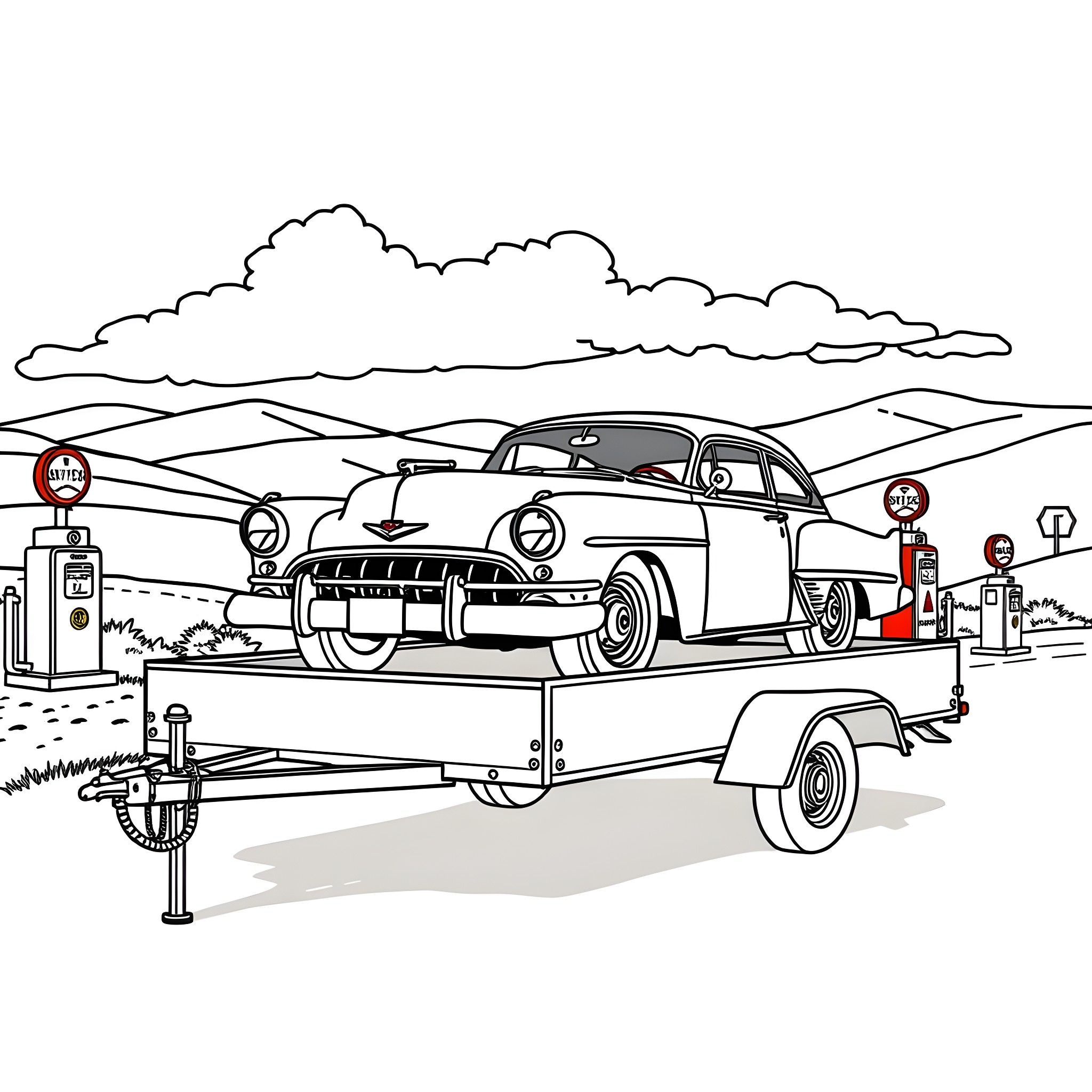 Car being towed on a trailer in the countryside Coloring Page (free black-and-white line drawing printable PDF for all, from beginners to advanced learners, including children, teens, adults, and seniors)