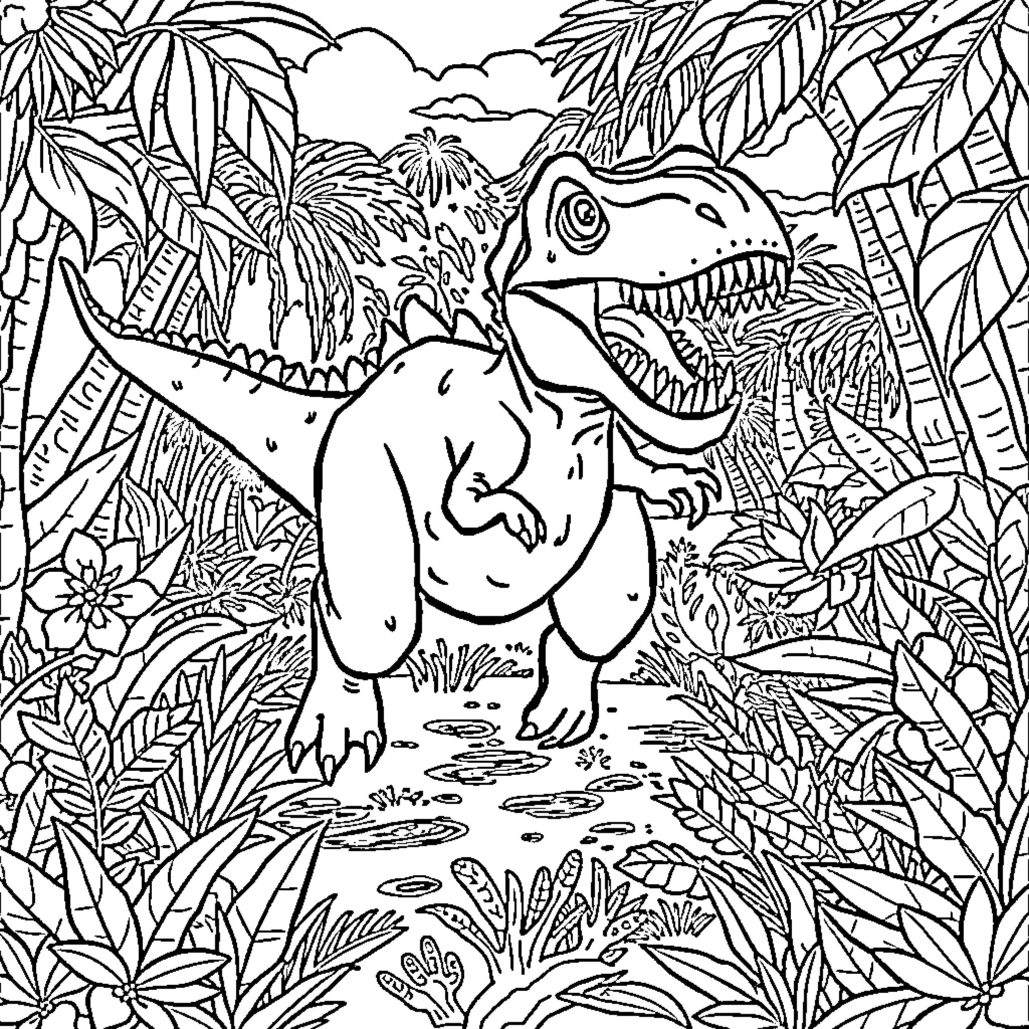 Dinosaur roaming through a lush jungle Coloring Page (free black-and-white line drawing printable PDF for all, from beginners to advanced learners, including children, teens, adults, and seniors)