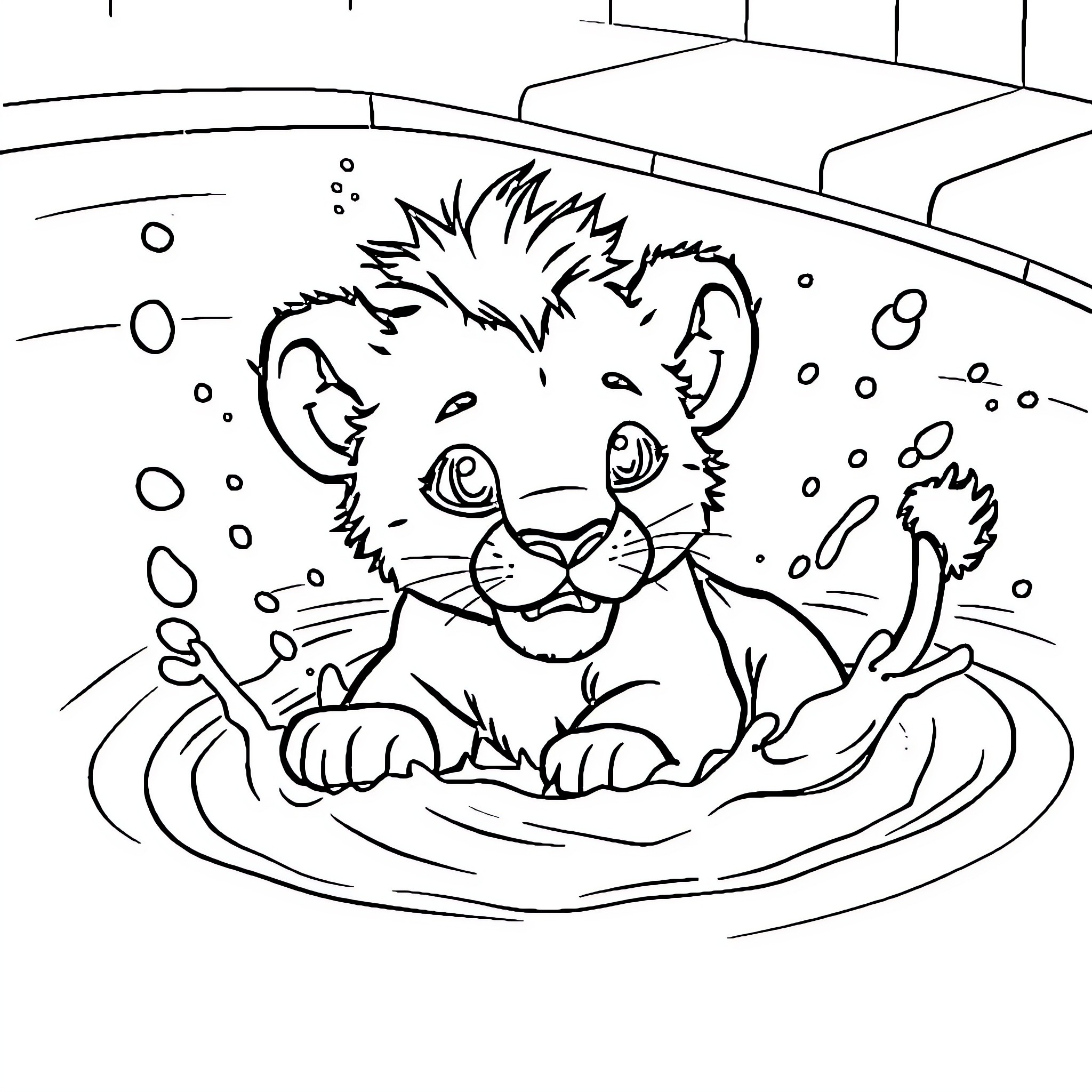 Lion playing joyfully in a watery setting Coloring Page (free black-and-white line drawing printable PDF for all, from beginners to advanced learners, including children, teens, adults, and seniors)