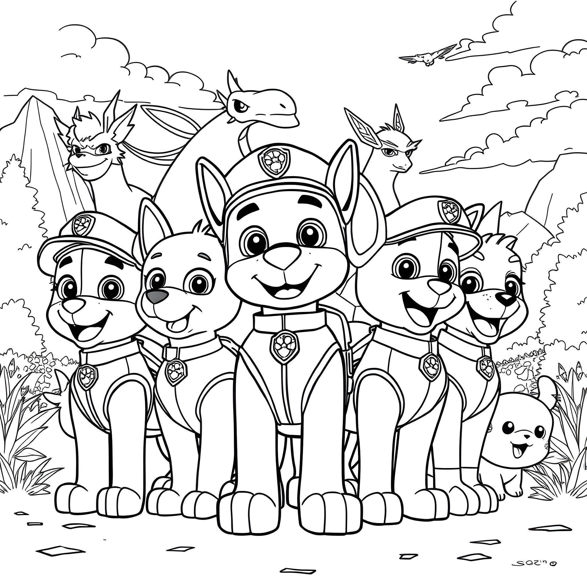 Paw Patrol ready for adventure in the wilderness Coloring Page (free black-and-white line drawing printable PDF for all, from beginners to advanced learners, including children, teens, adults, and seniors)