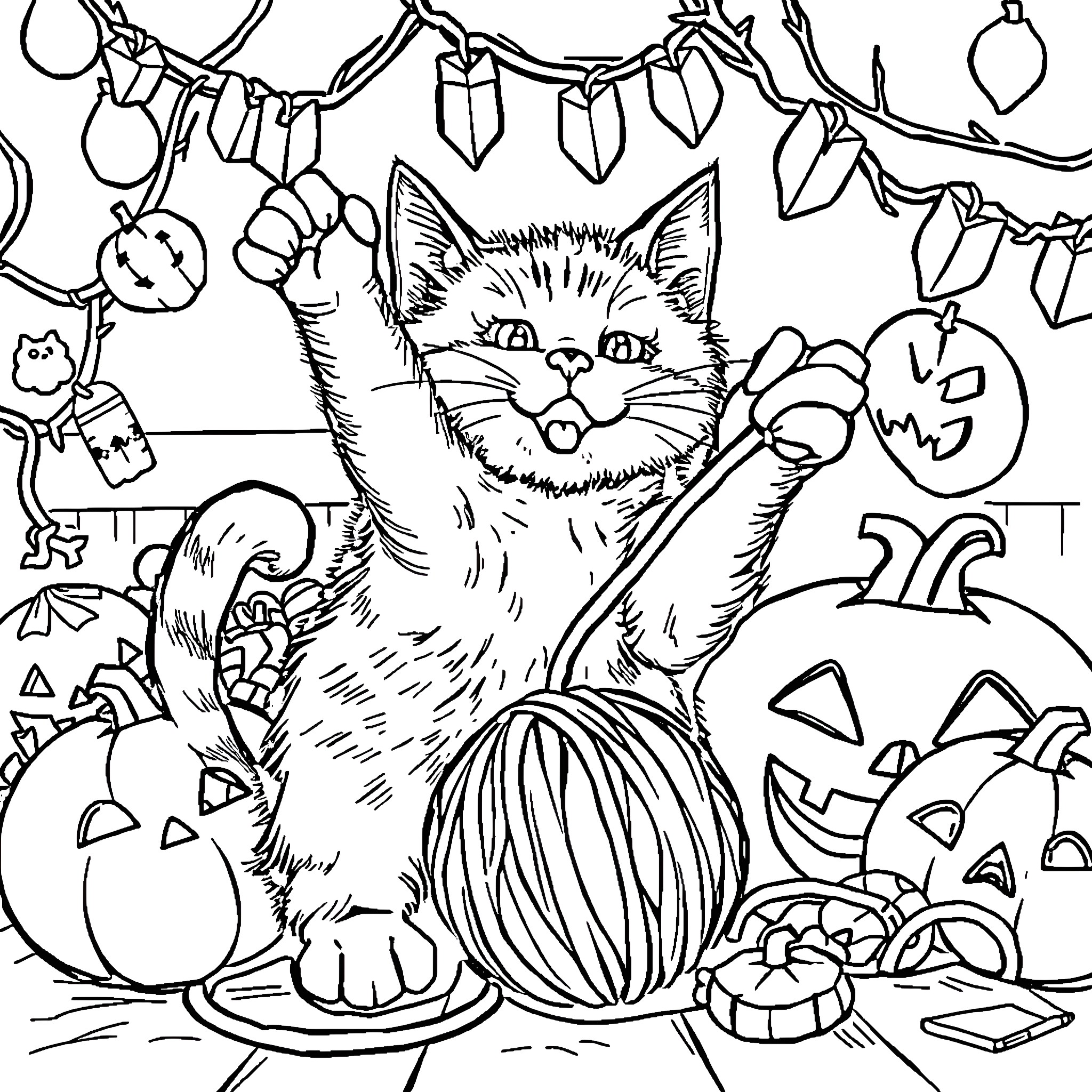 Cat playing with Halloween decorations Coloring Page (free black-and-white line drawing printable PDF for all, from beginners to advanced learners, including children, teens, adults, and seniors)