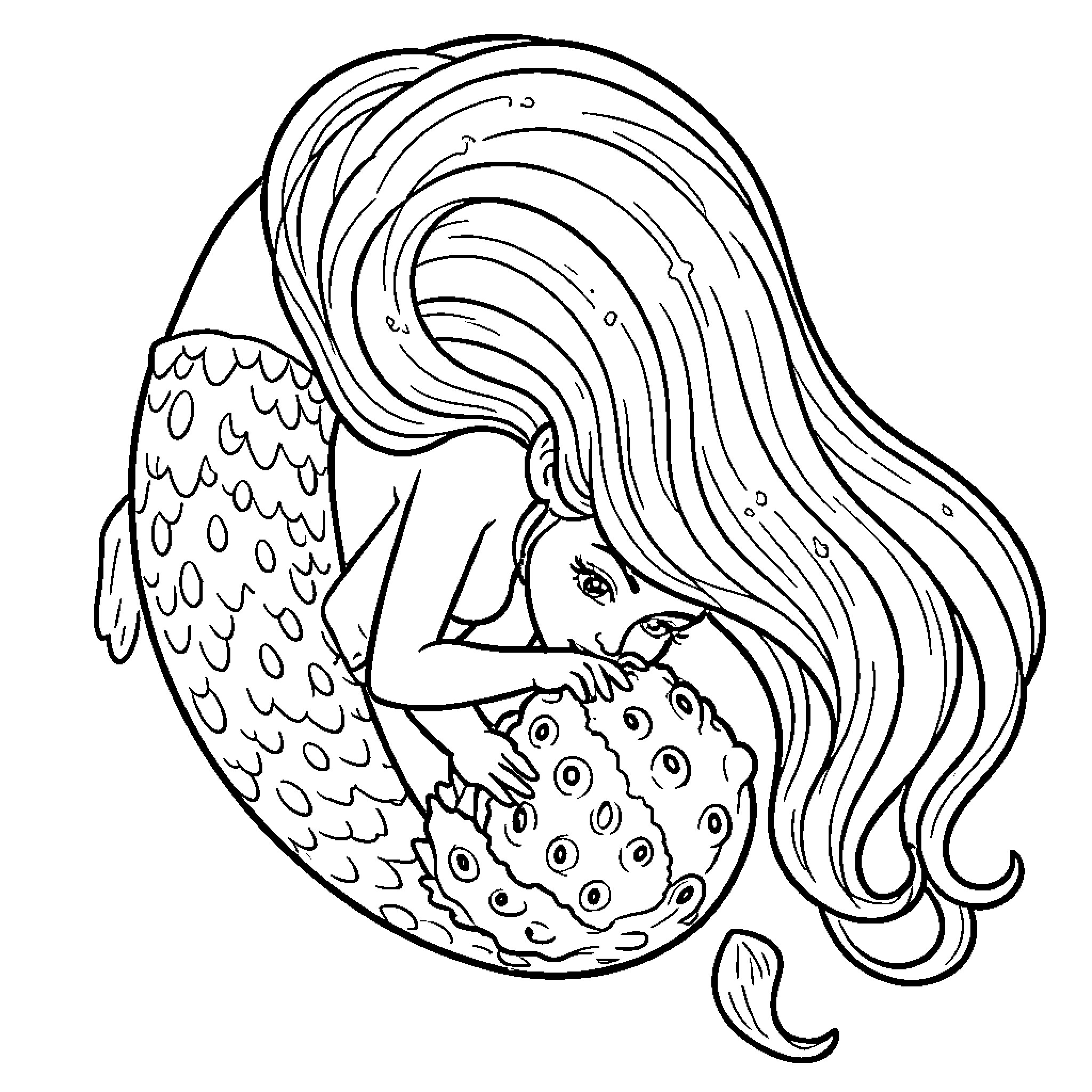 Sirène with long hair holding a textured shell Coloring Page (free black-and-white line drawing printable PDF for all, from beginners to advanced learners, including children, teens, adults, and seniors)