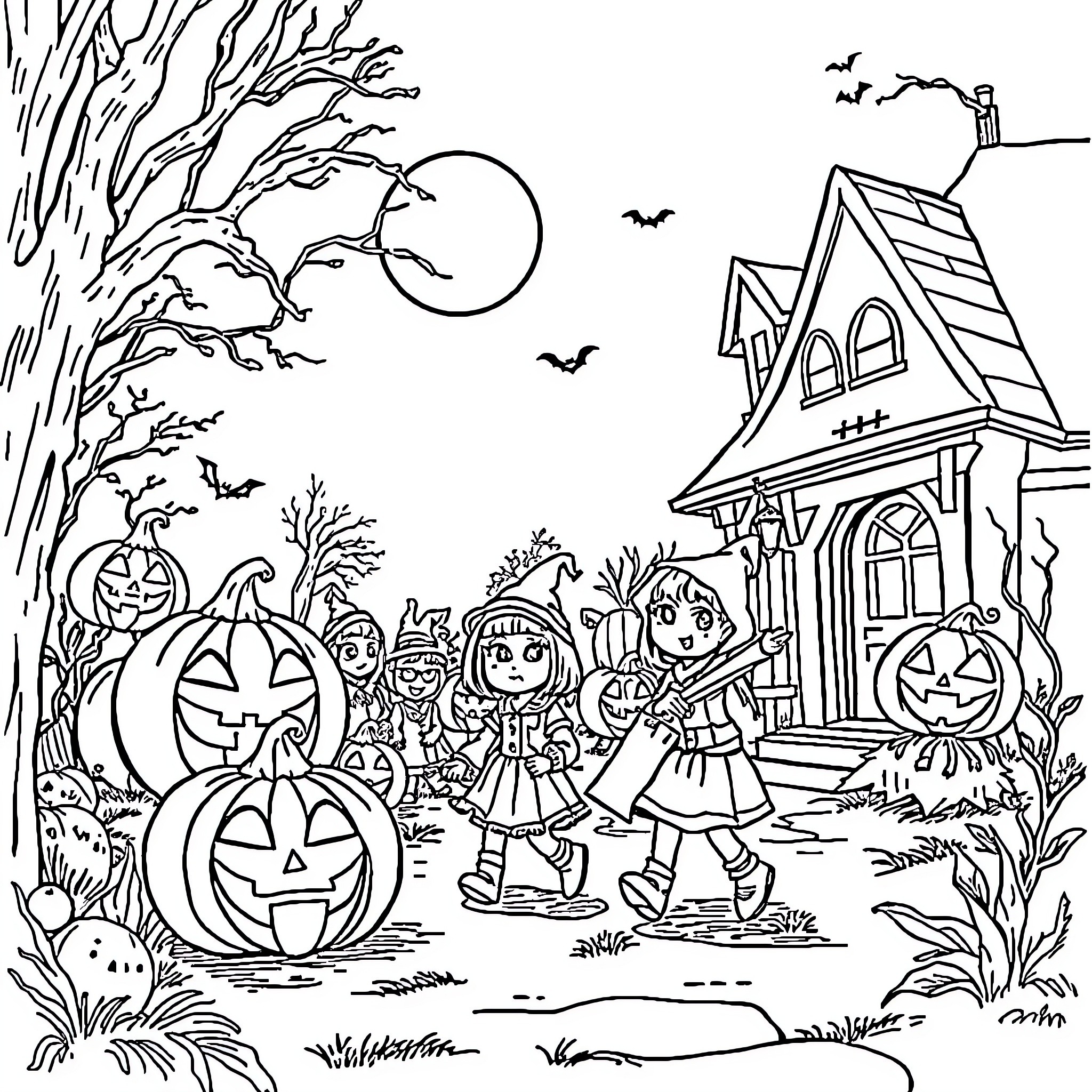 Halloween kids trick-or-treating in the spooky neighborhood Coloring Page (free black-and-white line drawing printable PDF for all, from beginners to advanced learners, including children, teens, adults, and seniors)