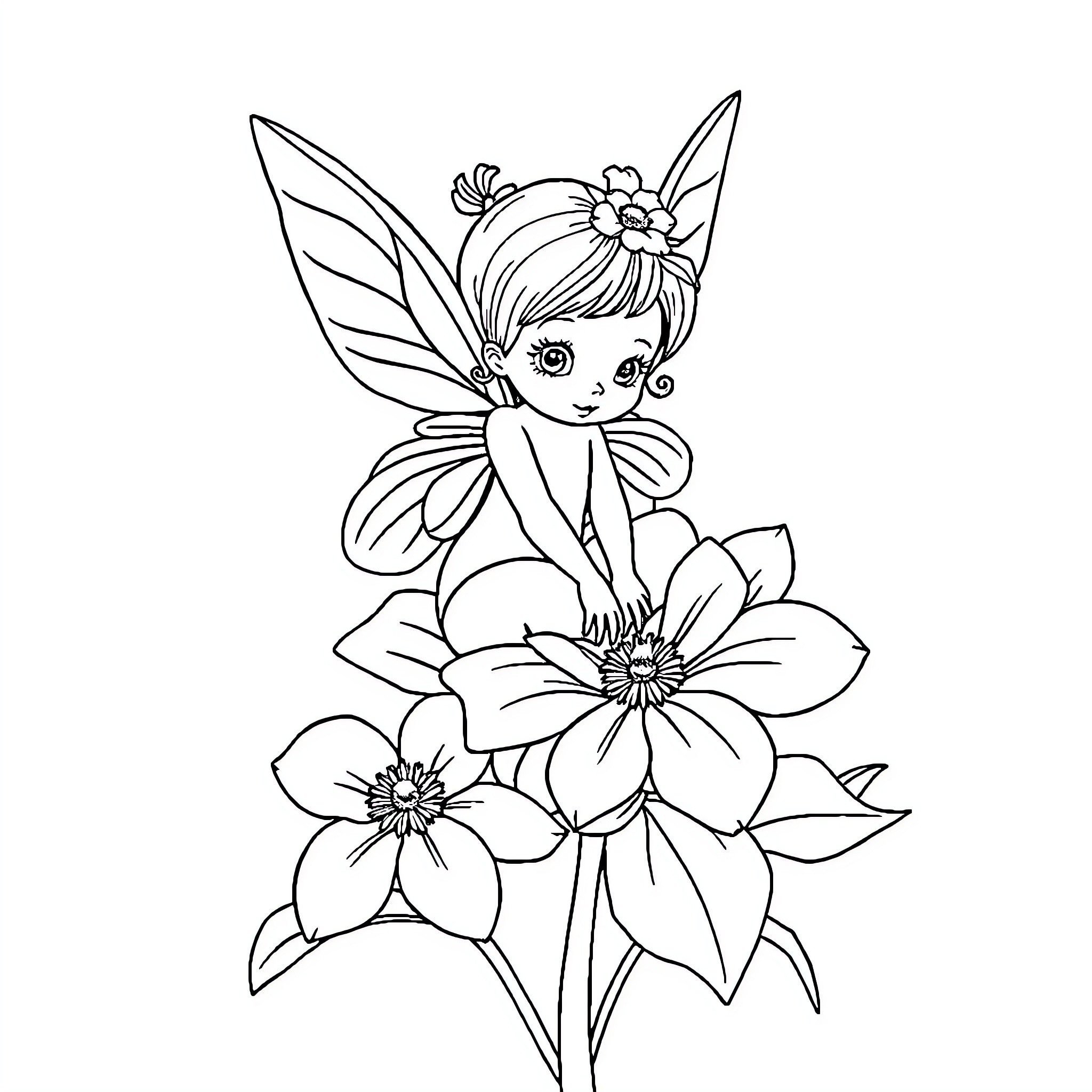 Fairy sitting amidst blooming flowers Coloring Page (free black-and-white line drawing printable PDF for all, from beginners to advanced learners, including children, teens, adults, and seniors)