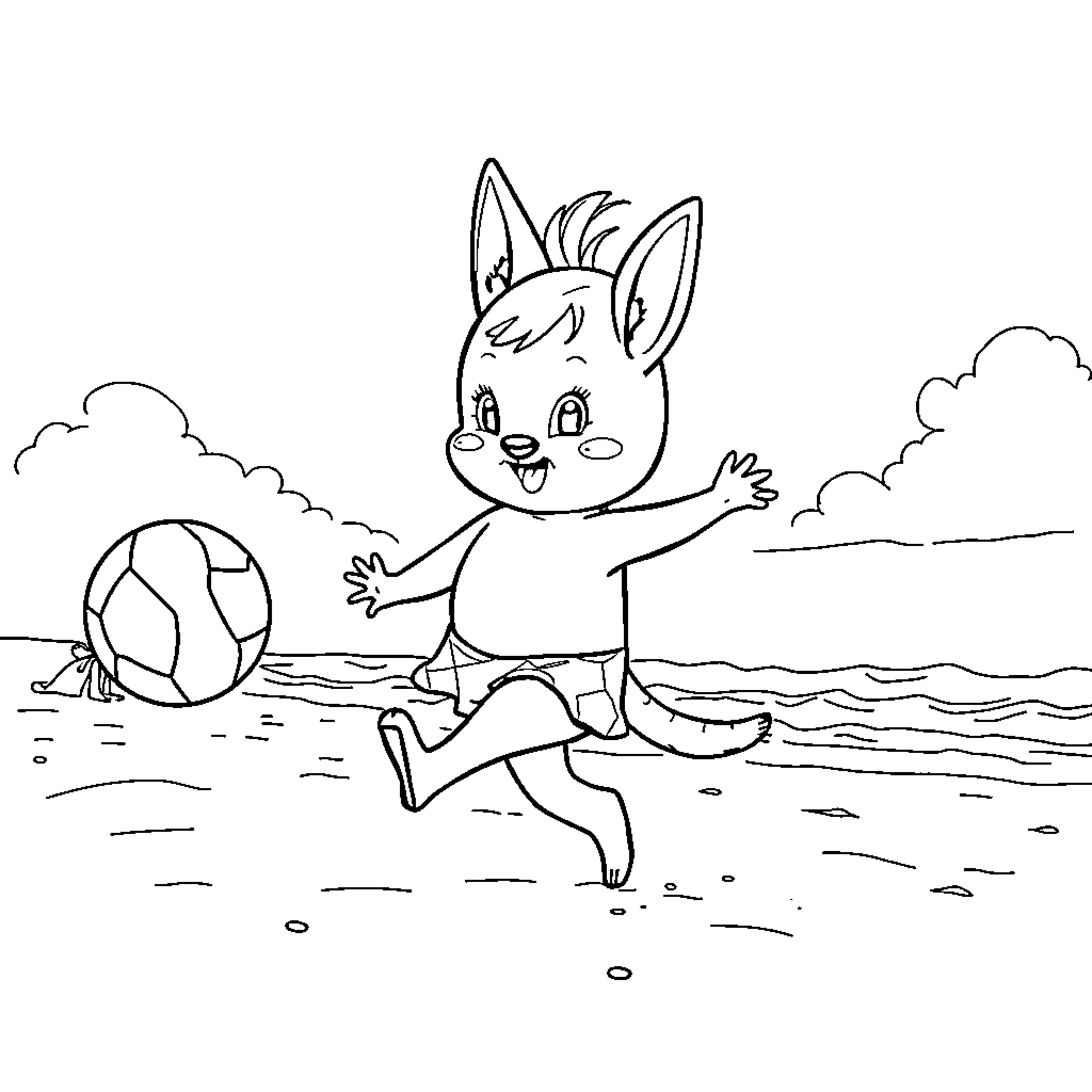 Bunny playing joyfully with ball on the beach Coloring Page (free black-and-white line drawing printable PDF for all, from beginners to advanced learners, including children, teens, adults, and seniors)