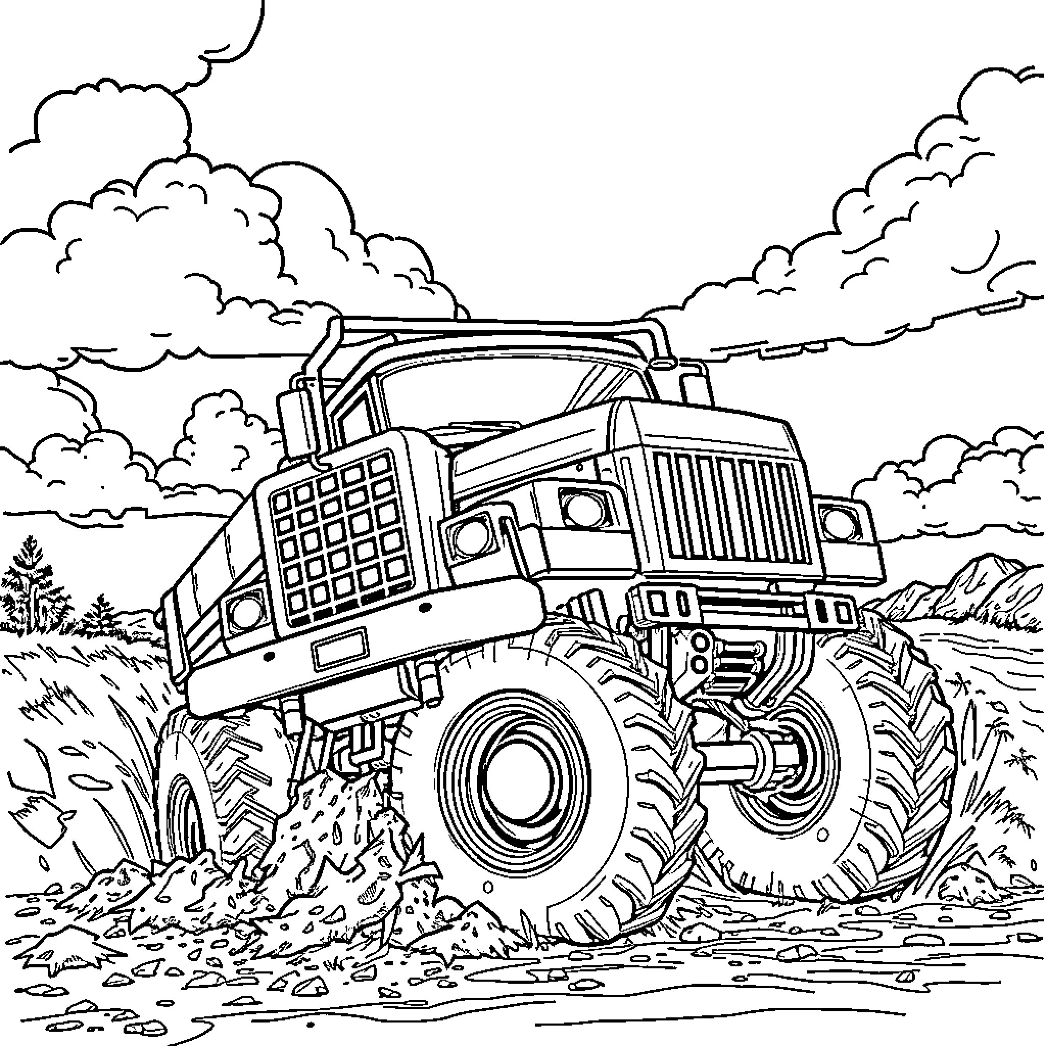 Truck driving through rugged terrain Coloring Page (free black-and-white line drawing printable PDF for all, from beginners to advanced learners, including children, teens, adults, and seniors)