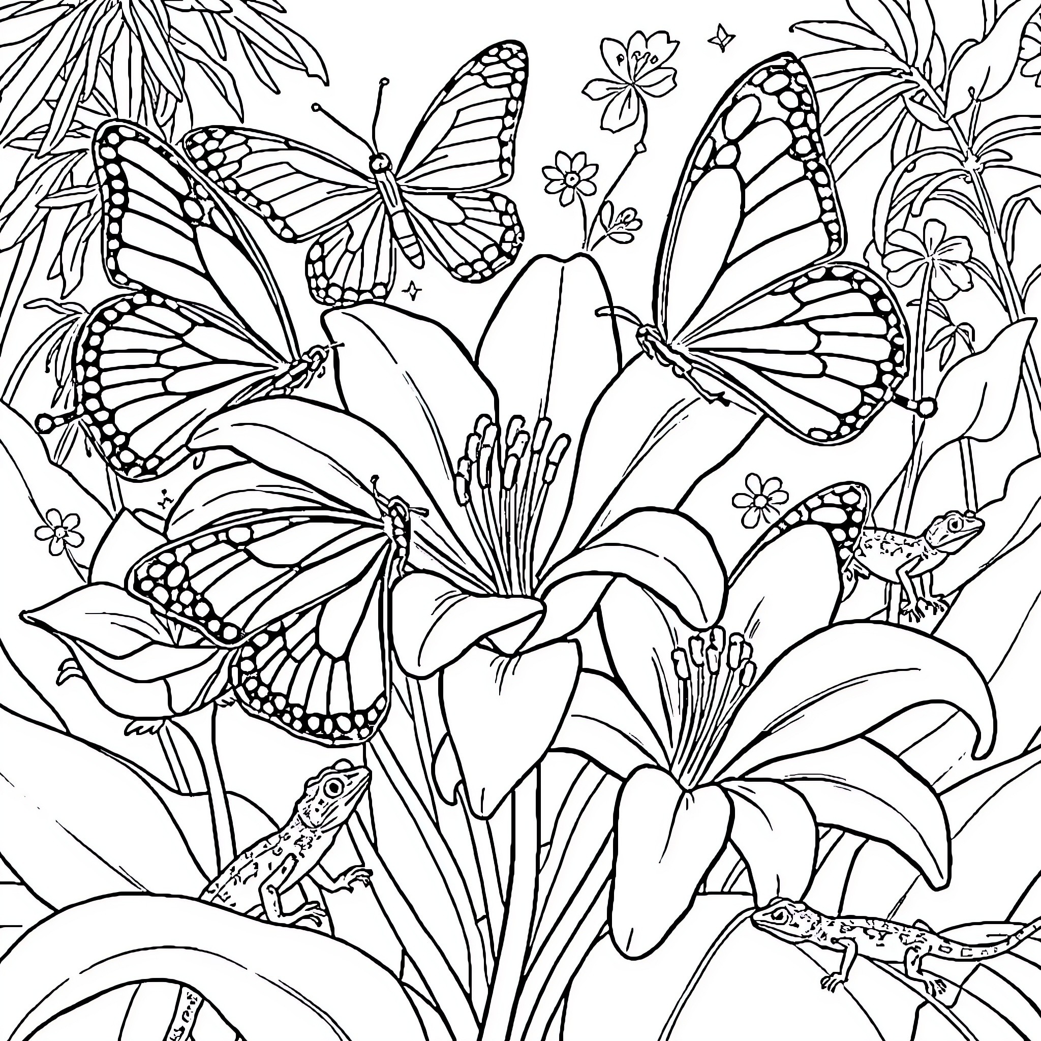 Butterfly Sanctuary with Vibrant Floral Scenery Coloring Page (free black-and-white line drawing printable PDF for all, from beginners to advanced learners, including children, teens, adults, and seniors)