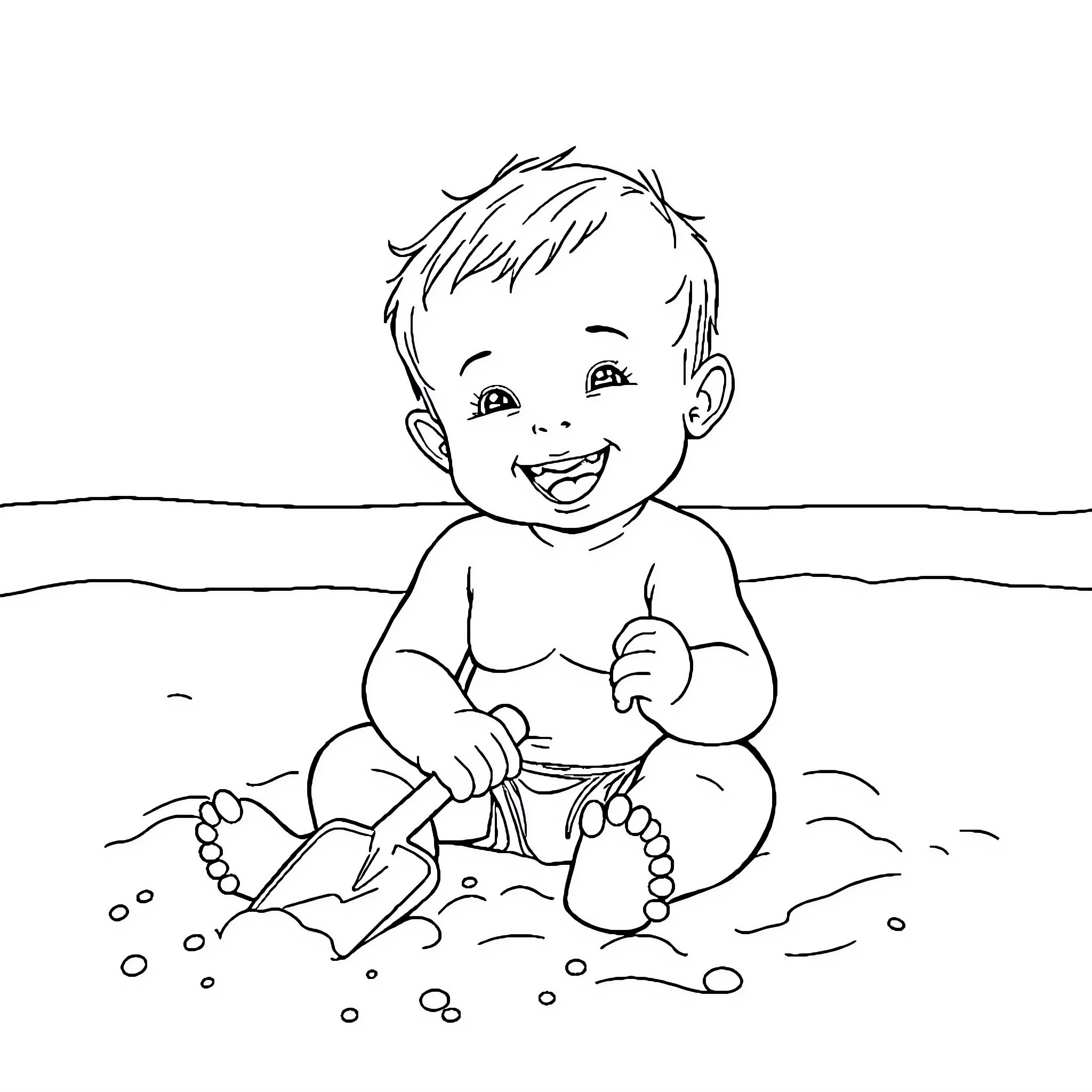 Baby playing happily in the sand Coloring Page (free black-and-white line drawing printable PDF for all, from beginners to advanced learners, including children, teens, adults, and seniors)
