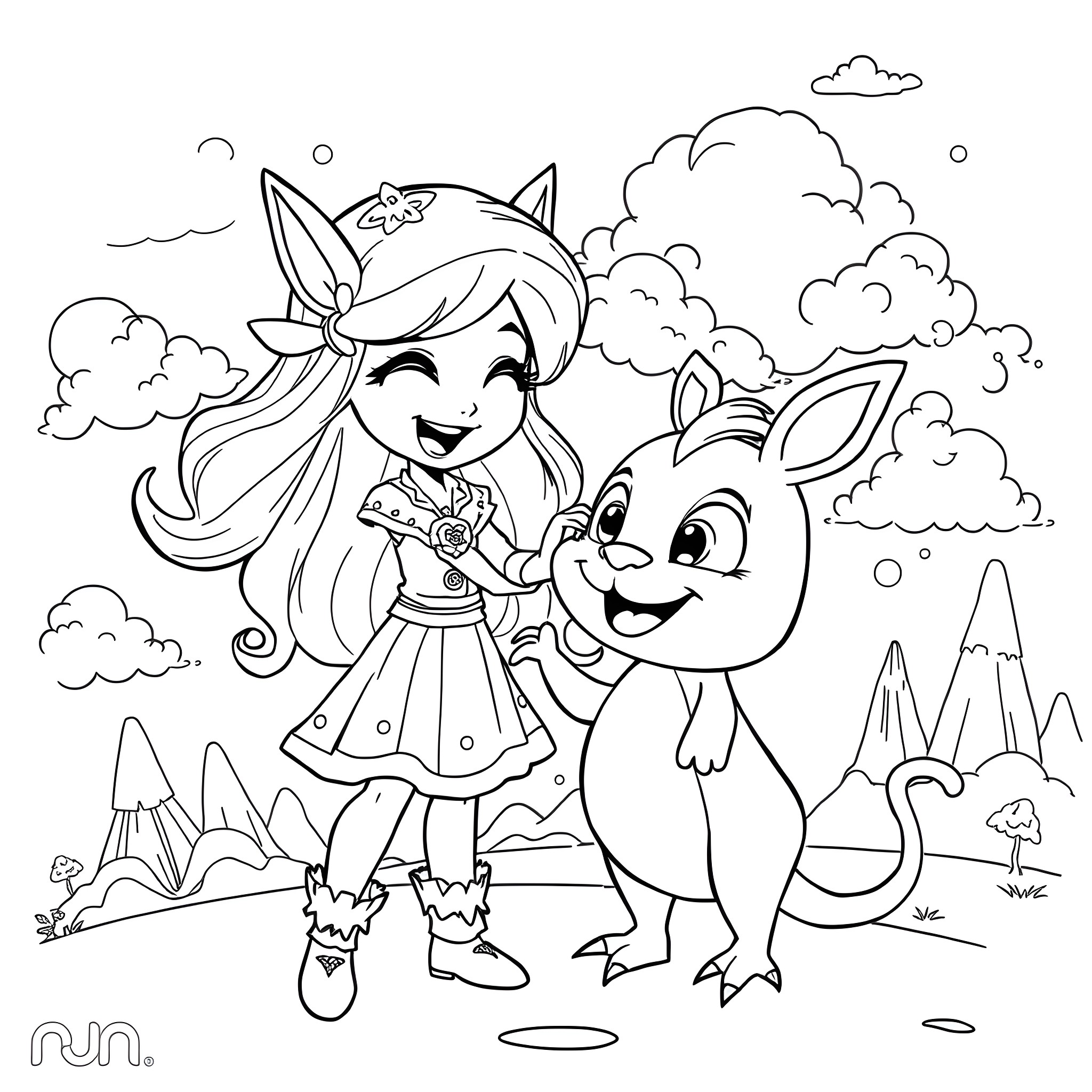 Mona and her Playful Companion Exploring the Outdoors Coloring Page (free black-and-white line drawing printable PDF for all, from beginners to advanced learners, including children, teens, adults, and seniors)