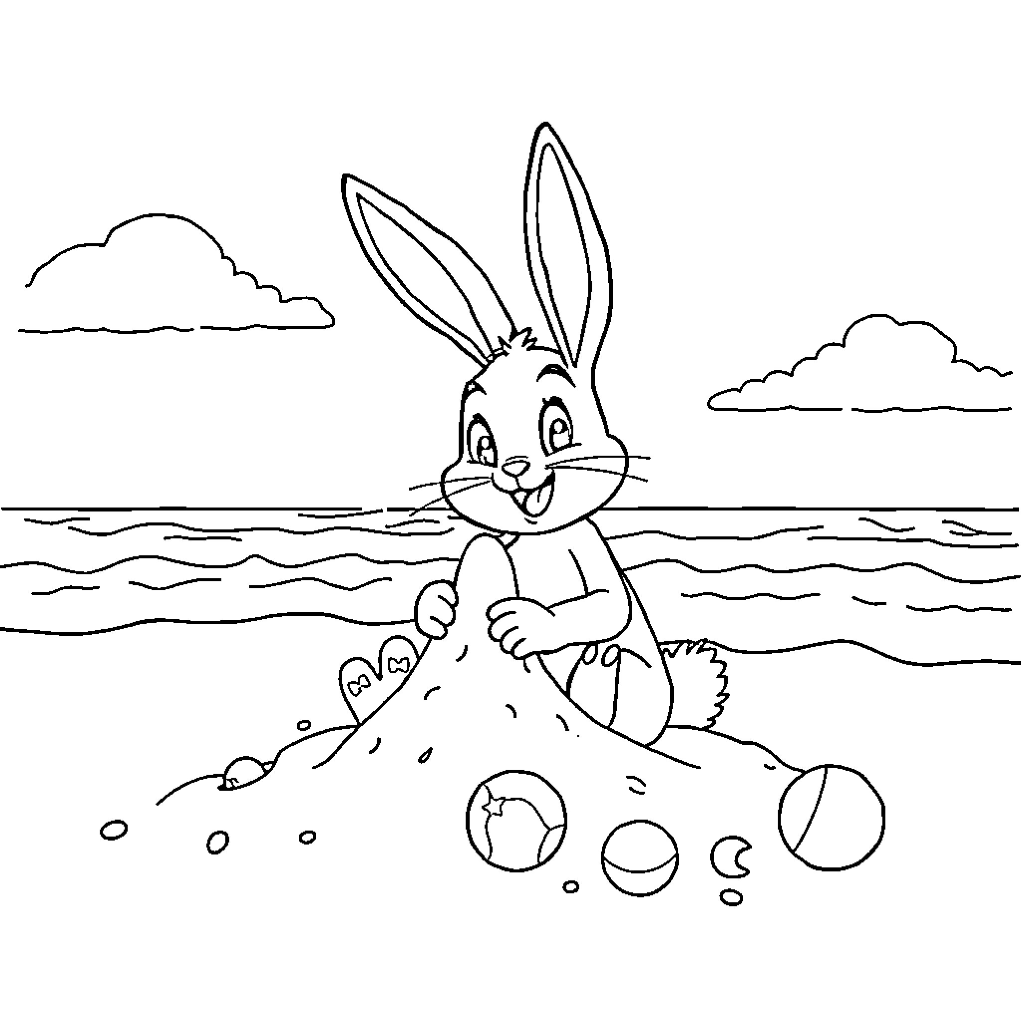 Bing Bunny playing on the beach Coloring Page (free black-and-white line drawing printable PDF for all, from beginners to advanced learners, including children, teens, adults, and seniors)