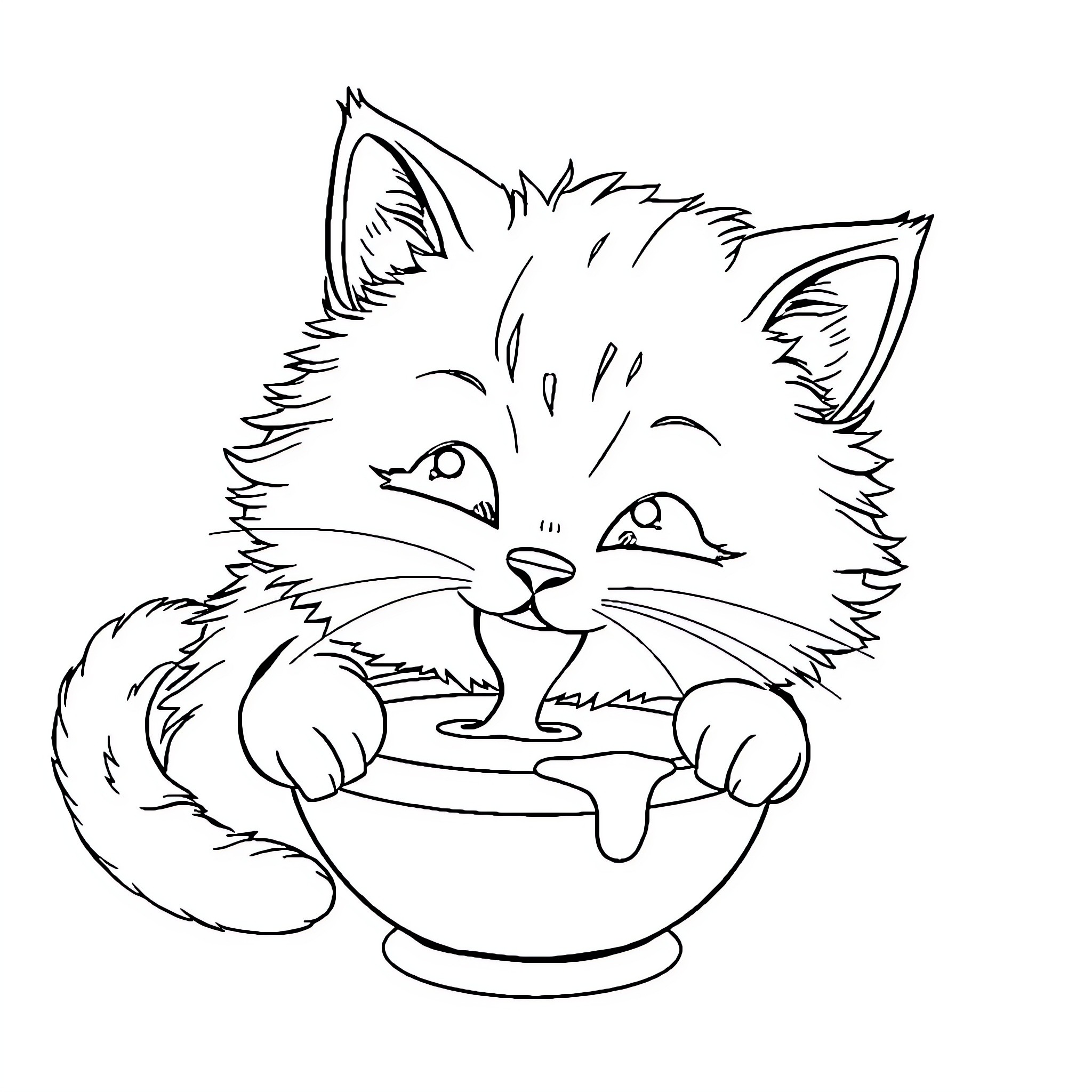 Cat playing in a bowl Coloring Page (free black-and-white line drawing printable PDF for all, from beginners to advanced learners, including children, teens, adults, and seniors)