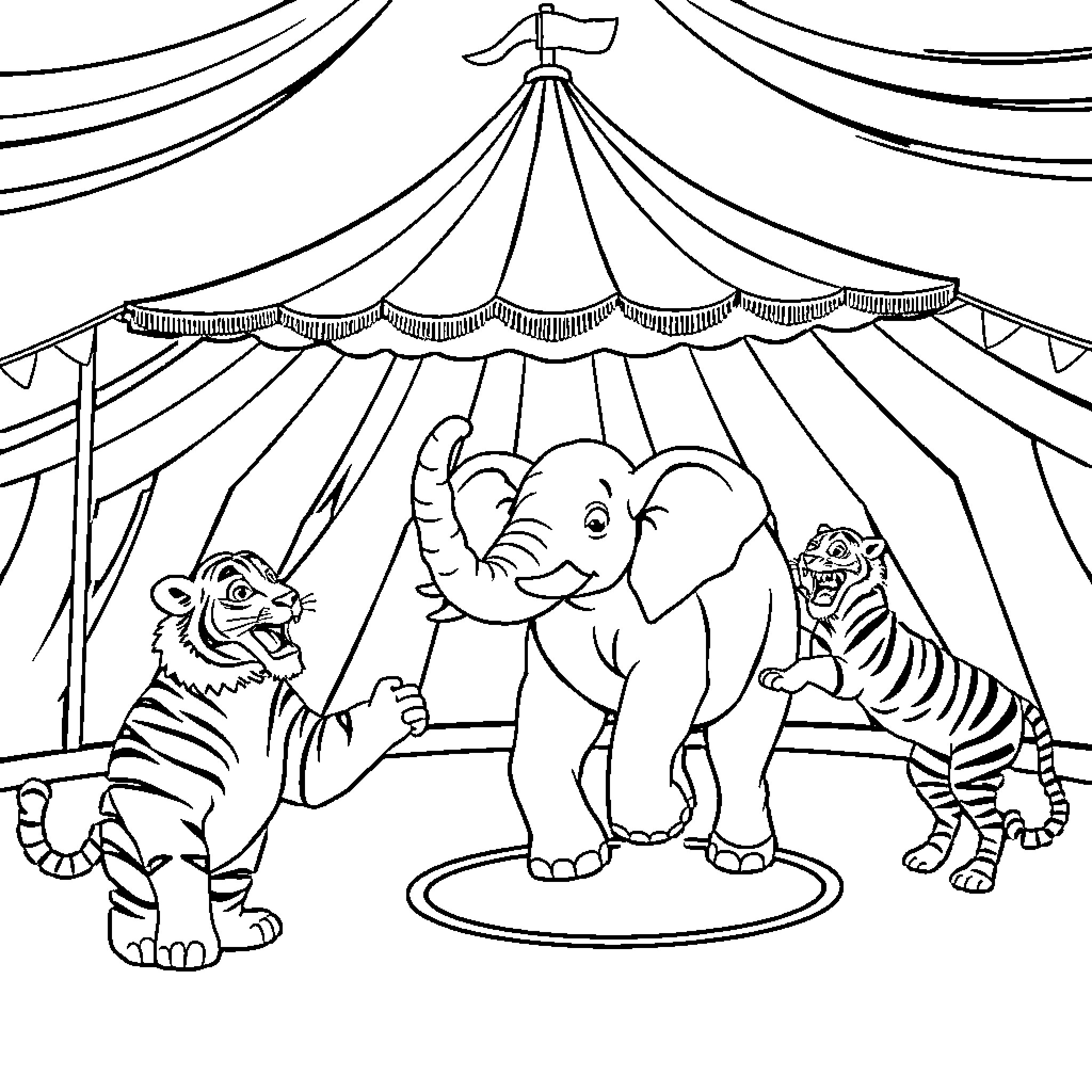 Circus Animal Performers Entertaining under the Tent Coloring Page (free black-and-white line drawing printable PDF for all, from beginners to advanced learners, including children, teens, adults, and seniors)