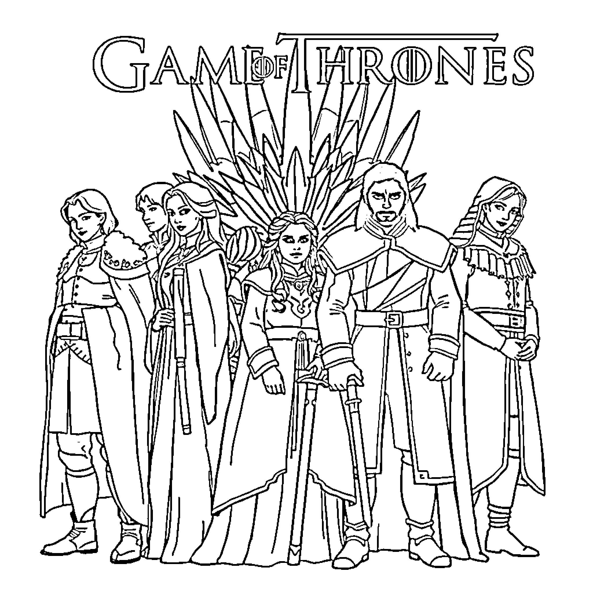 Game of Thrones Characters in Iconic Outfits Coloring Page (free black-and-white line drawing printable PDF for all, from beginners to advanced learners, including children, teens, adults, and seniors)