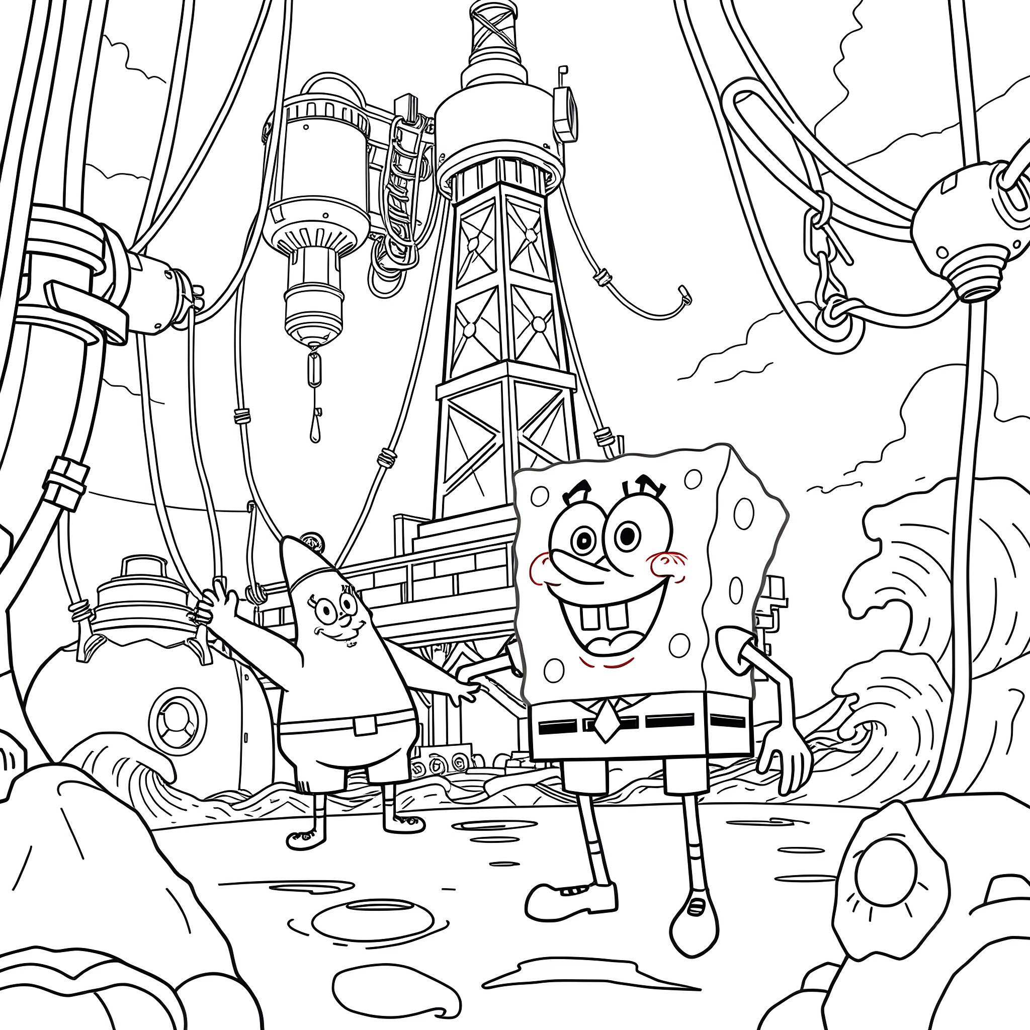 Spongebob and Patrick exploring an underwater industrial scene Coloring Page (free black-and-white line drawing printable PDF for all, from beginners to advanced learners, including children, teens, adults, and seniors)