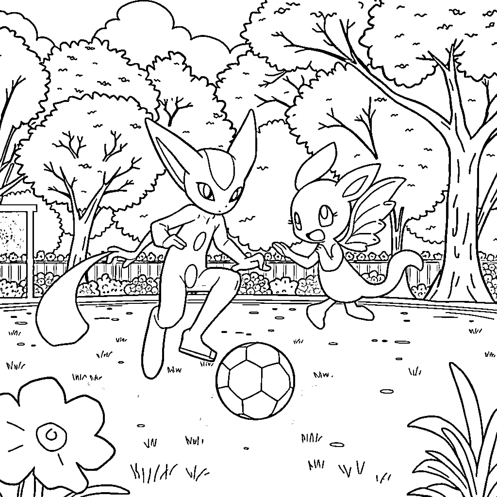 Mewto playing soccer in the park with friends Coloring Page (free black-and-white line drawing printable PDF for all, from beginners to advanced learners, including children, teens, adults, and seniors)