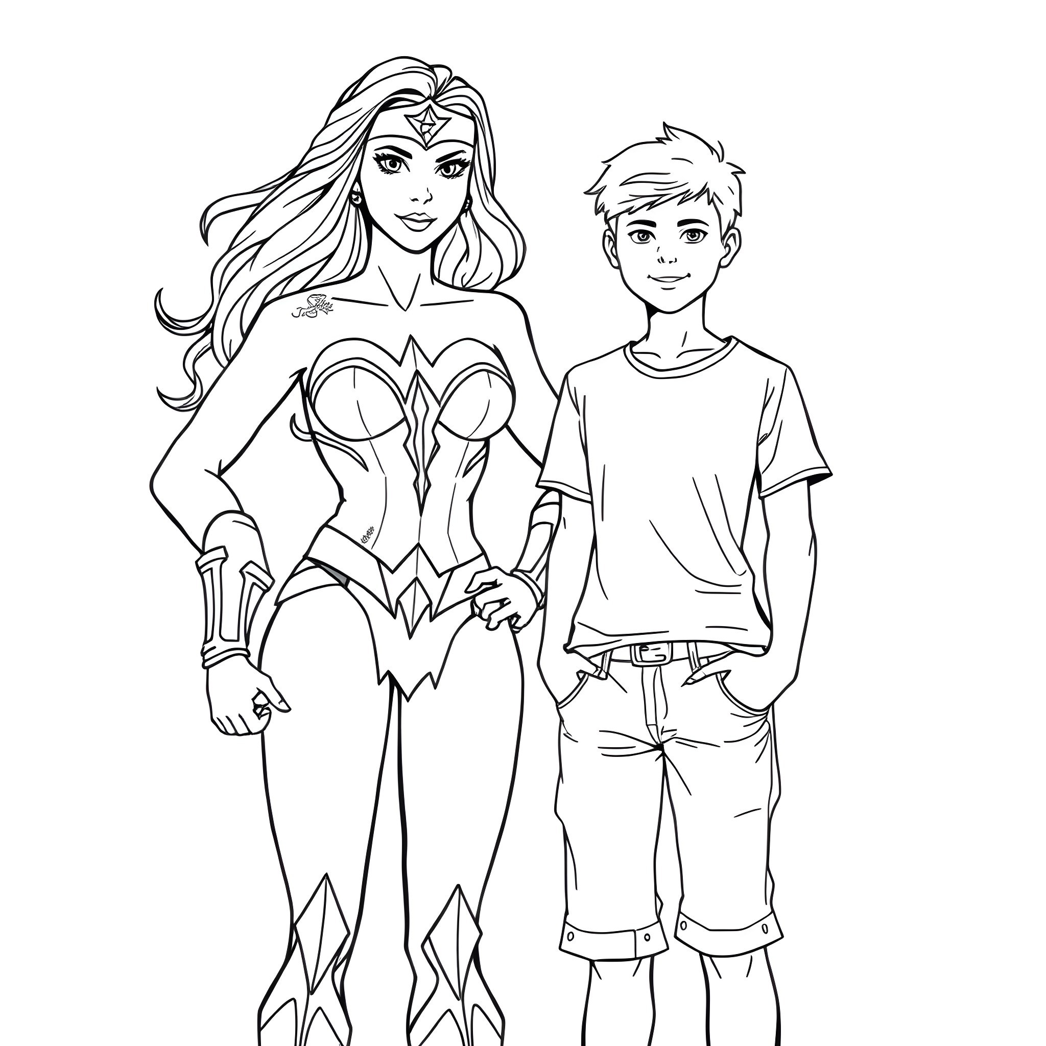 Wonder Woman and young companion in heroic poses Coloring Page (free black-and-white line drawing printable PDF for all, from beginners to advanced learners, including children, teens, adults, and seniors)