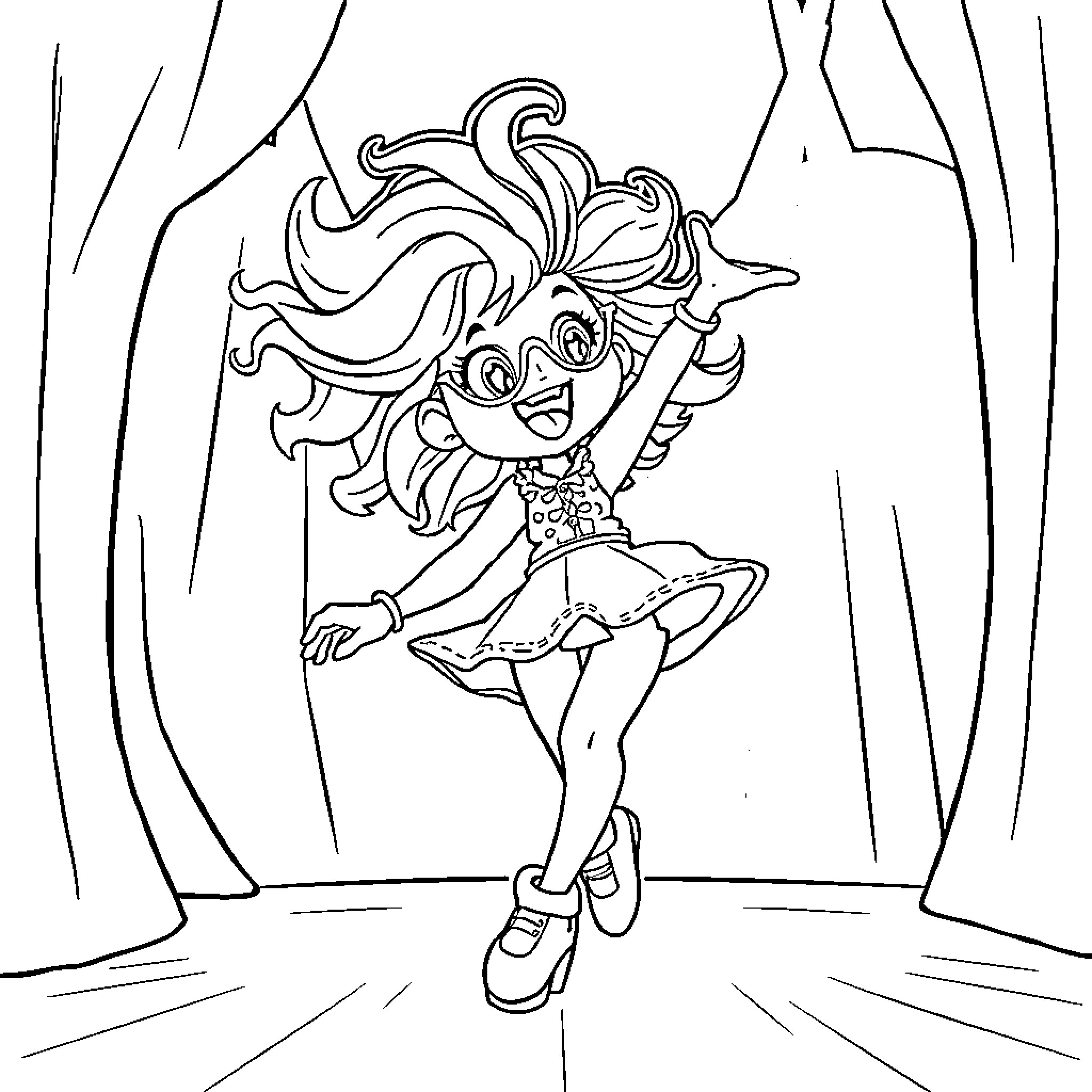 Kpopo Doll Dancing on Stage Coloring Page (free black-and-white line drawing printable PDF for all, from beginners to advanced learners, including children, teens, adults, and seniors)