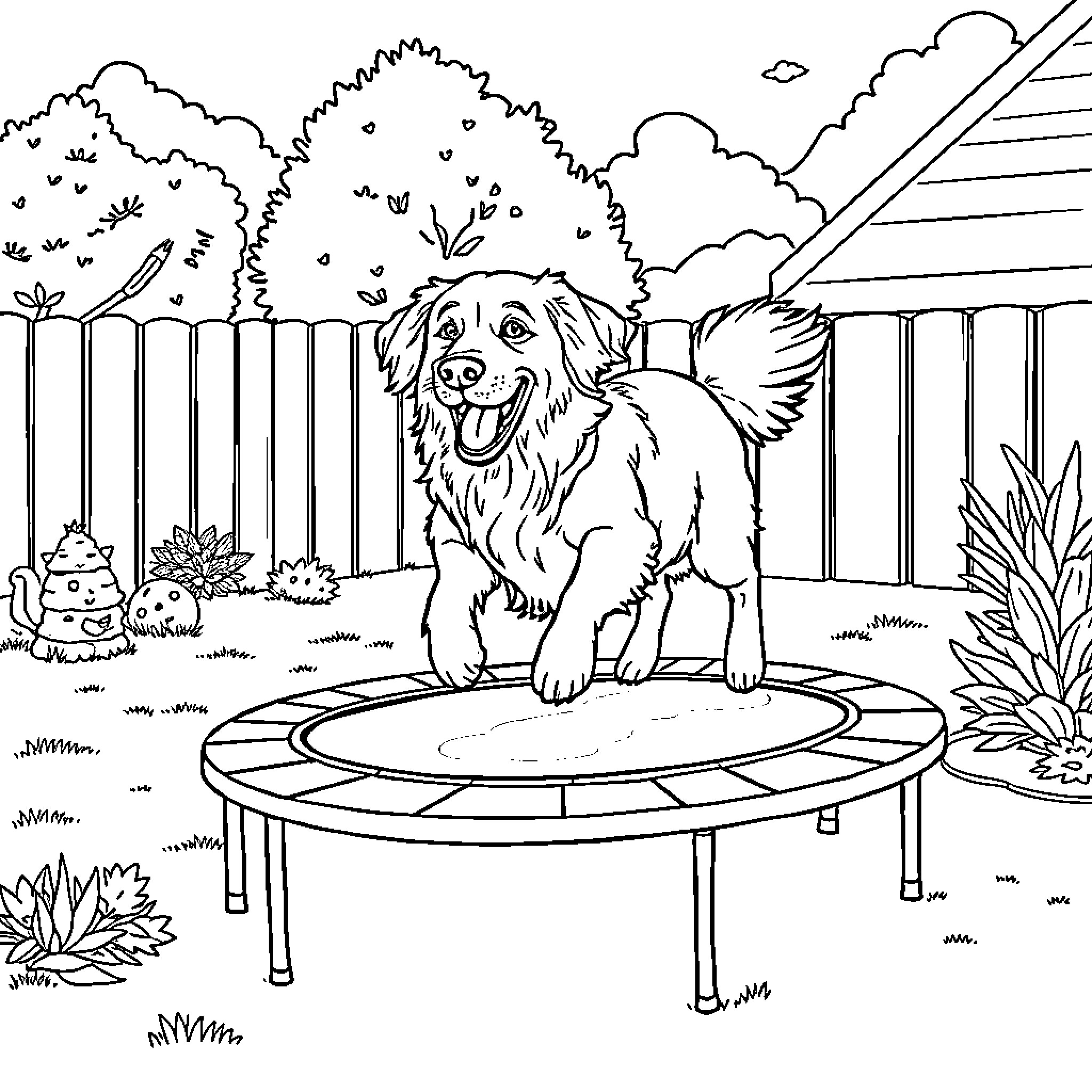 Golden Retriever playing joyfully on trampoline in garden Coloring Page (free black-and-white line drawing printable PDF for all, from beginners to advanced learners, including children, teens, adults, and seniors)