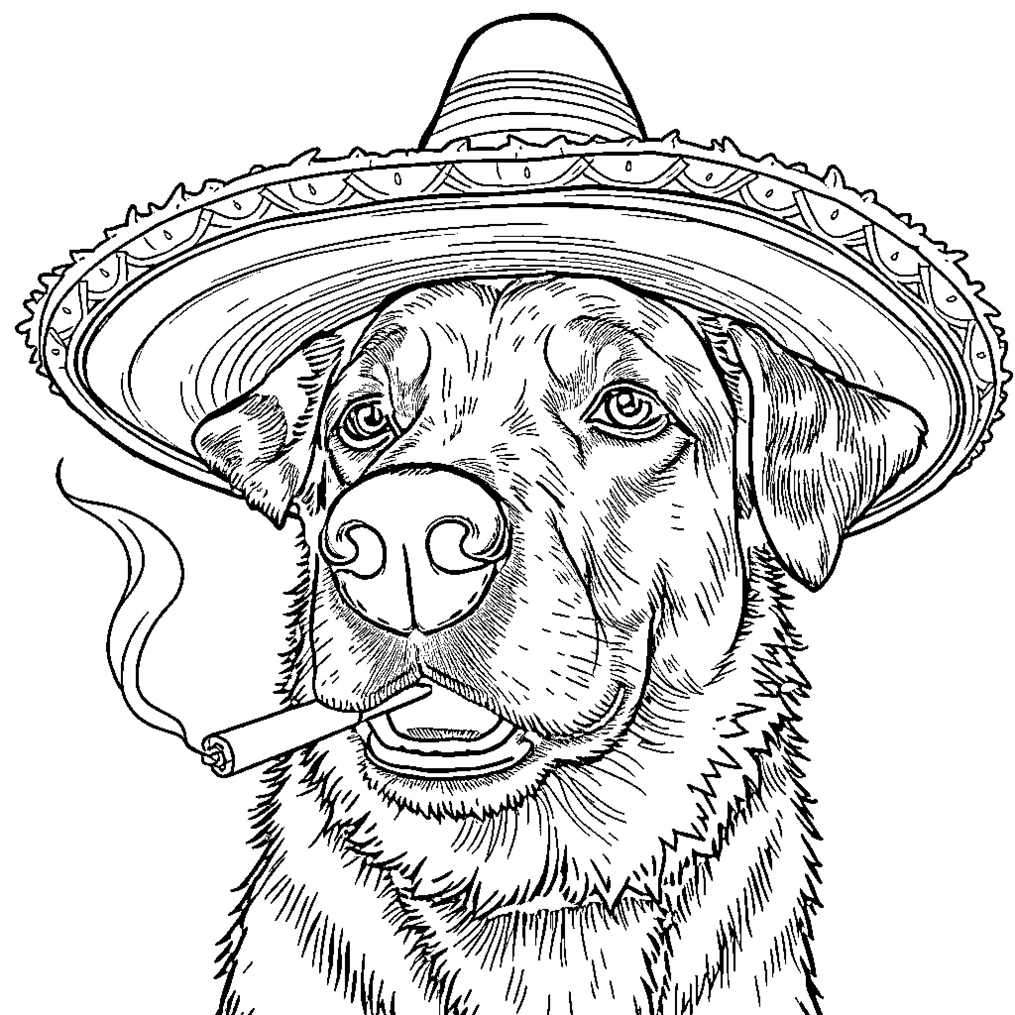 Hund wearing sombrero and smoking cigar Coloring Page (free black-and-white line drawing printable PDF for all, from beginners to advanced learners, including children, teens, adults, and seniors)