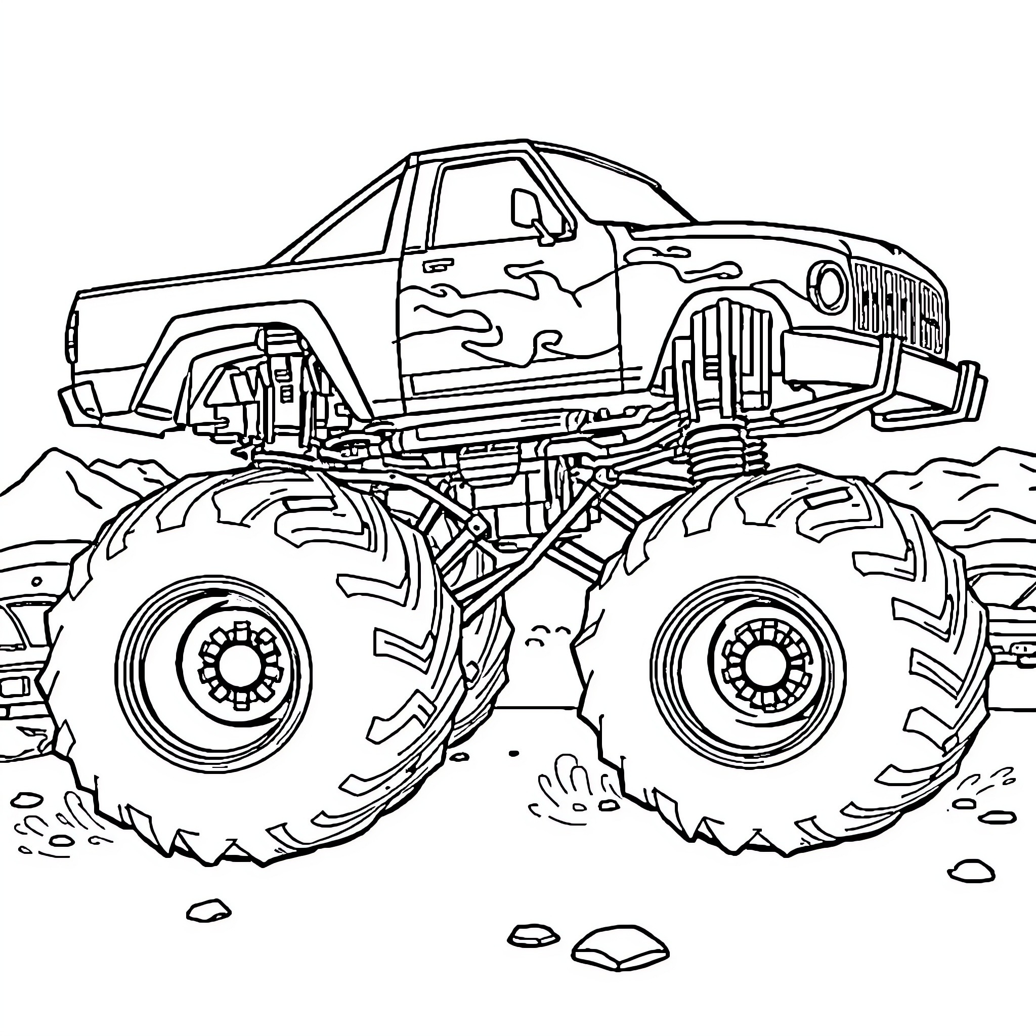 Monster Truck performing stunts in rugged terrain Coloring Page (free black-and-white line drawing printable PDF for all, from beginners to advanced learners, including children, teens, adults, and seniors)