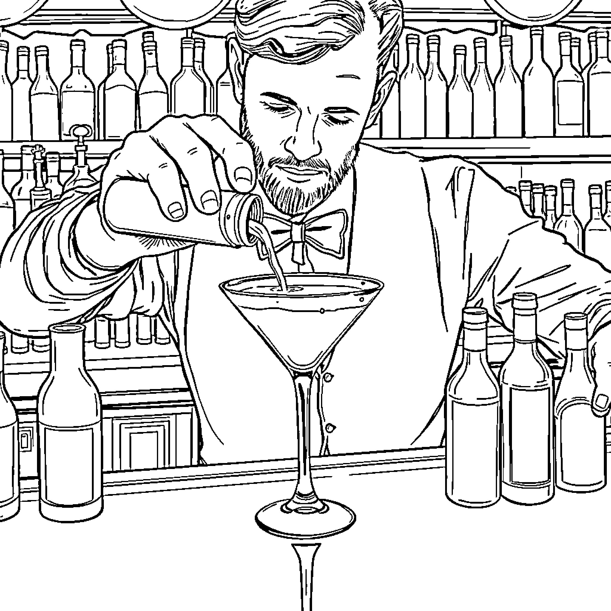 Barman pouring drinks at the bar counter Coloring Page (free black-and-white line drawing printable PDF for all, from beginners to advanced learners, including children, teens, adults, and seniors)