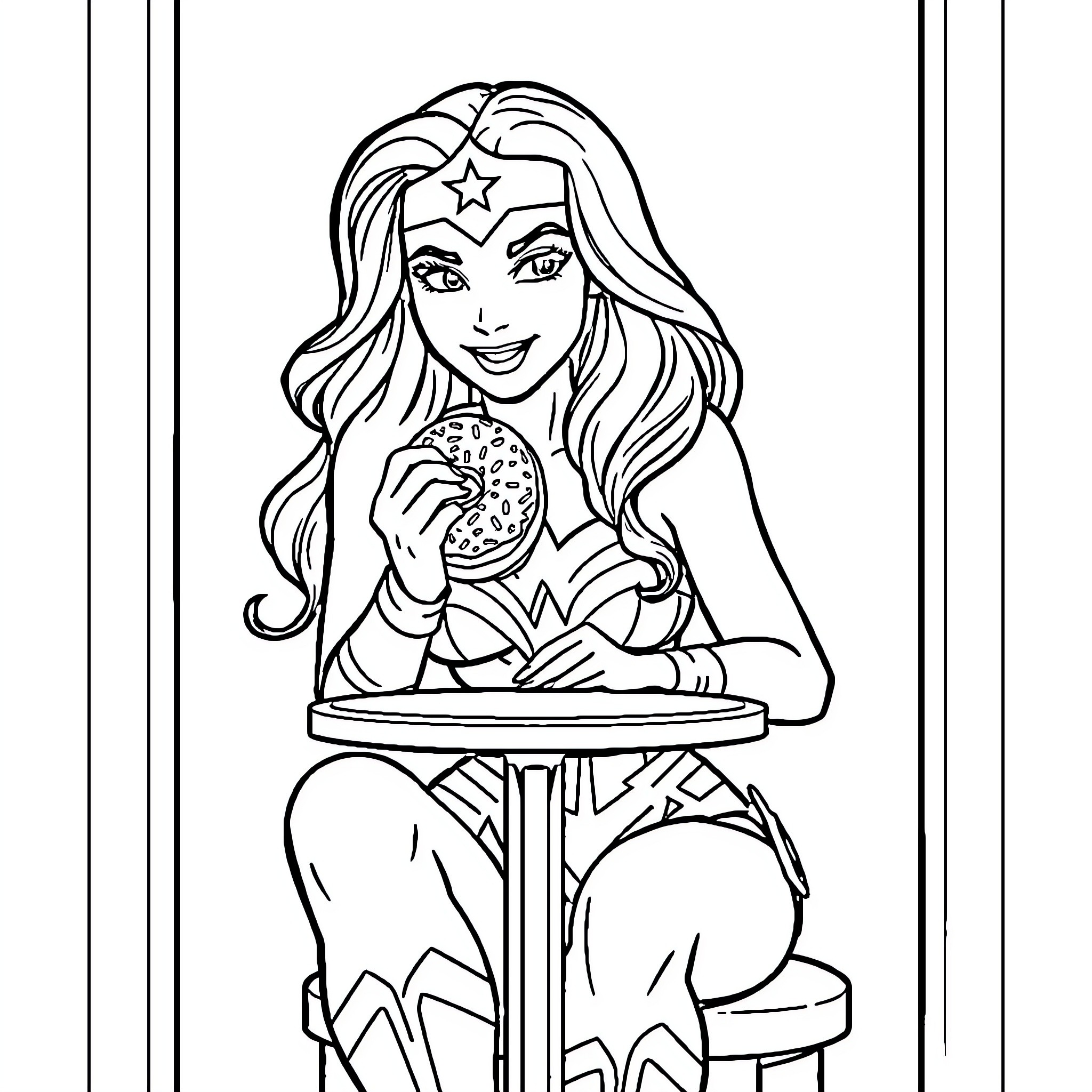 Wonder Woman enjoying a snack Coloring Page (free black-and-white line drawing printable PDF for all, from beginners to advanced learners, including children, teens, adults, and seniors)