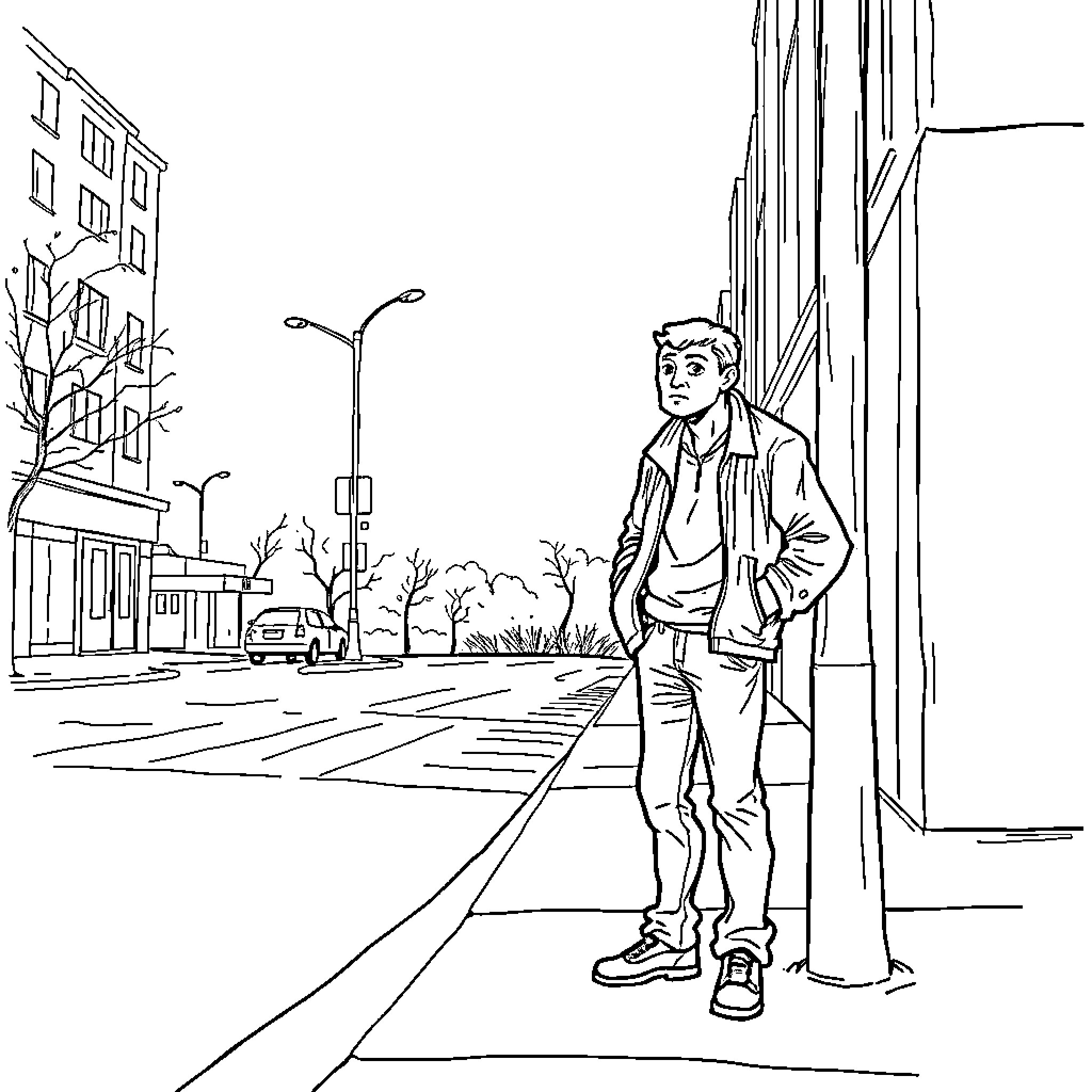 Man standing on a city street Coloring Page (free black-and-white line drawing printable PDF for all, from beginners to advanced learners, including children, teens, adults, and seniors)
