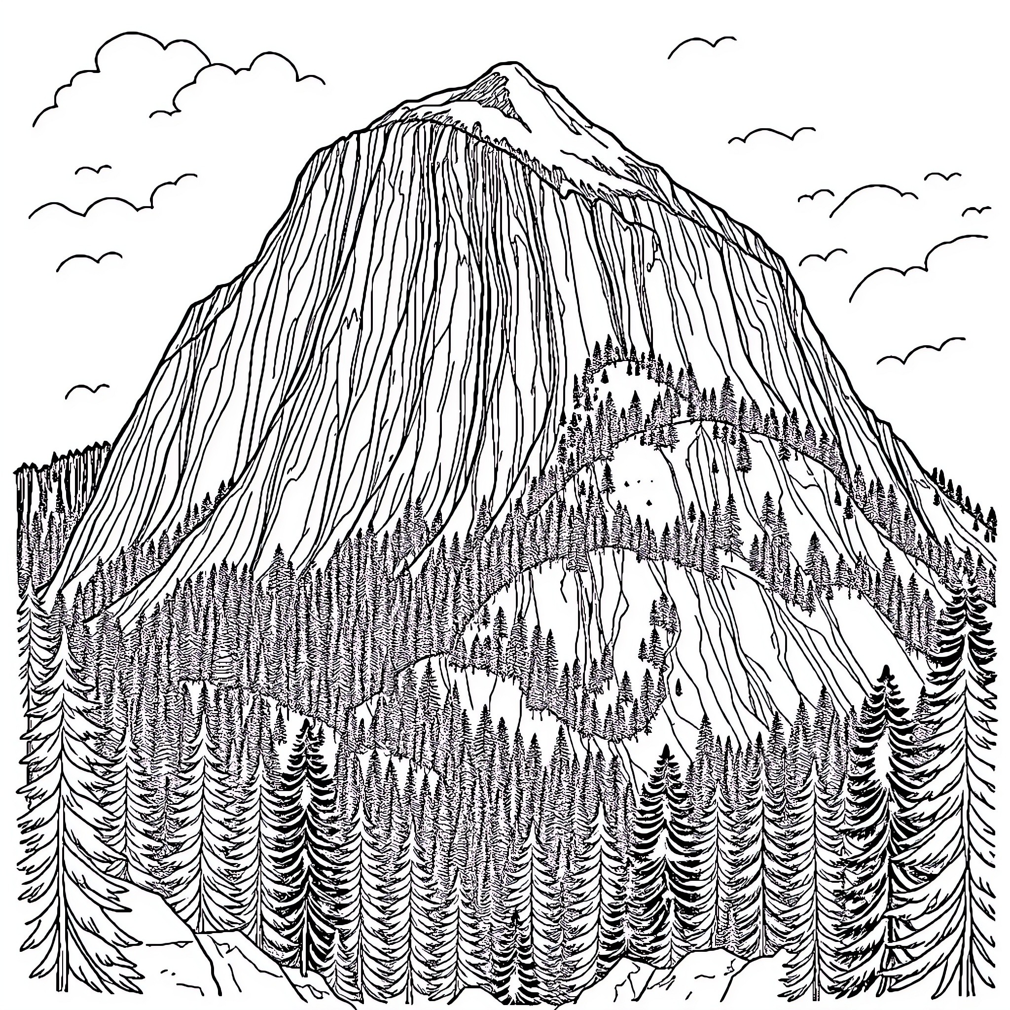 Mountain landscape with pine forest and clouds Coloring Page (free black-and-white line drawing printable PDF for all, from beginners to advanced learners, including children, teens, adults, and seniors)