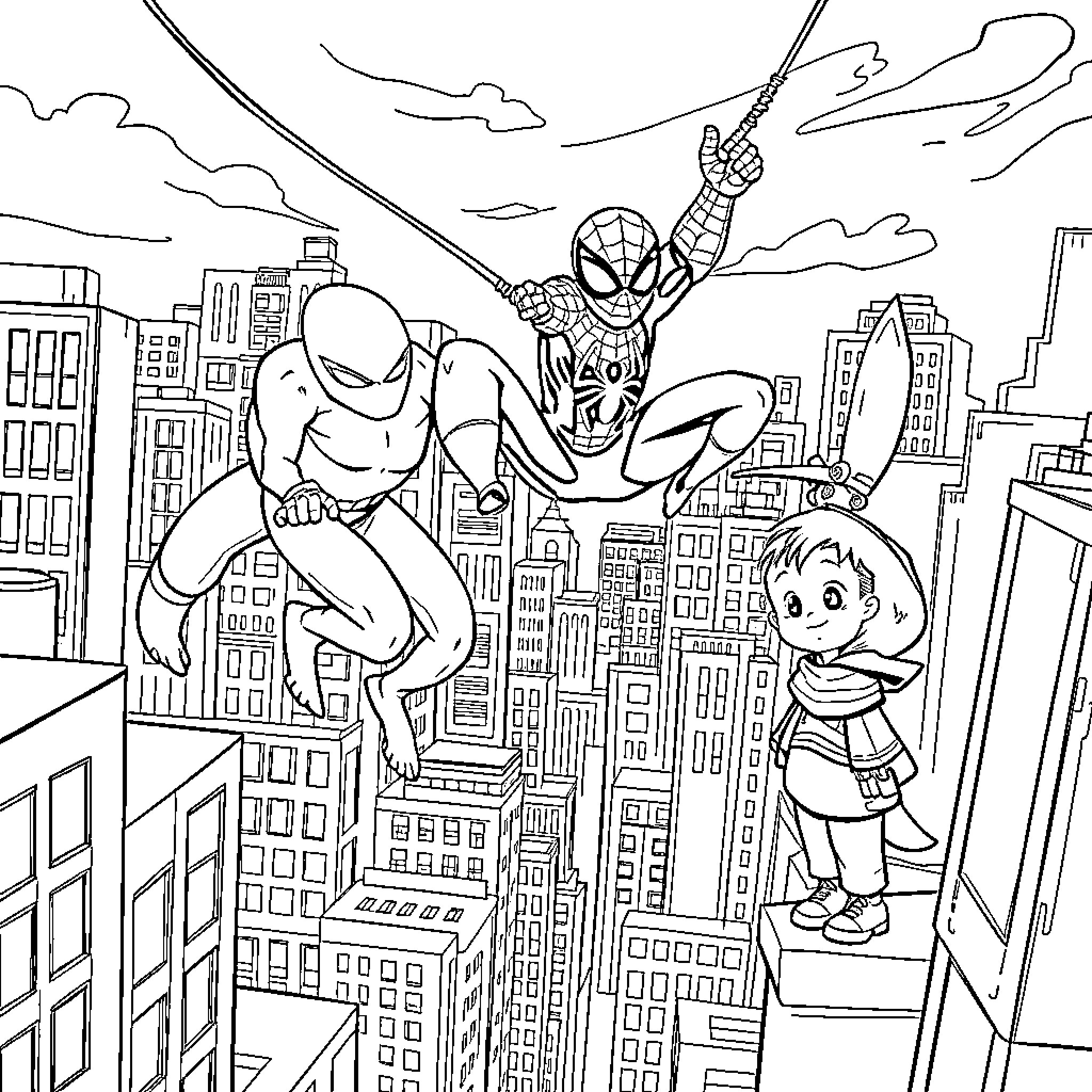 Spidey swinging over the city with a young companion Coloring Page (free black-and-white line drawing printable PDF for all, from beginners to advanced learners, including children, teens, adults, and seniors)
