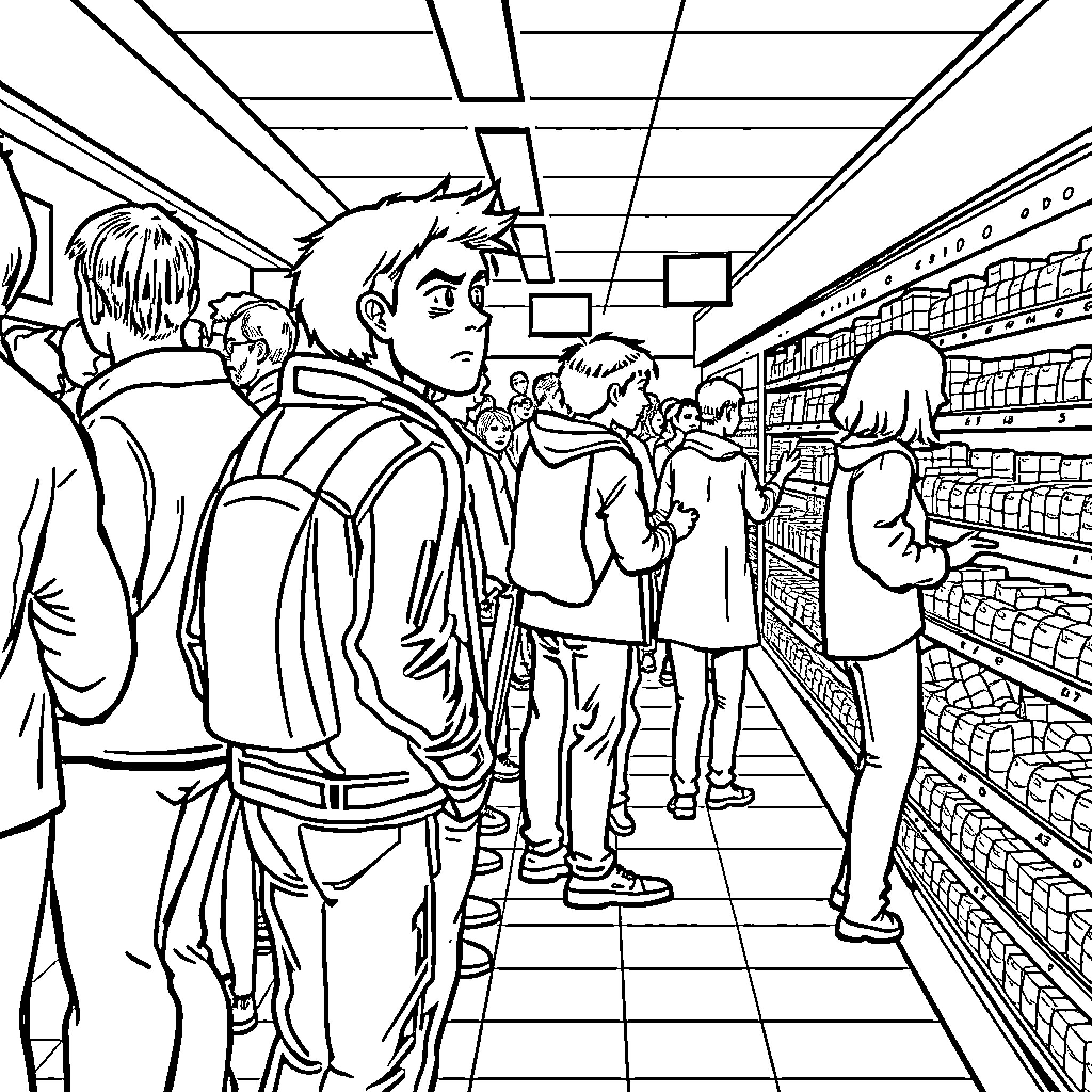 Person shopping in a grocery store Coloring Page (free black-and-white line drawing printable PDF for all, from beginners to advanced learners, including children, teens, adults, and seniors)