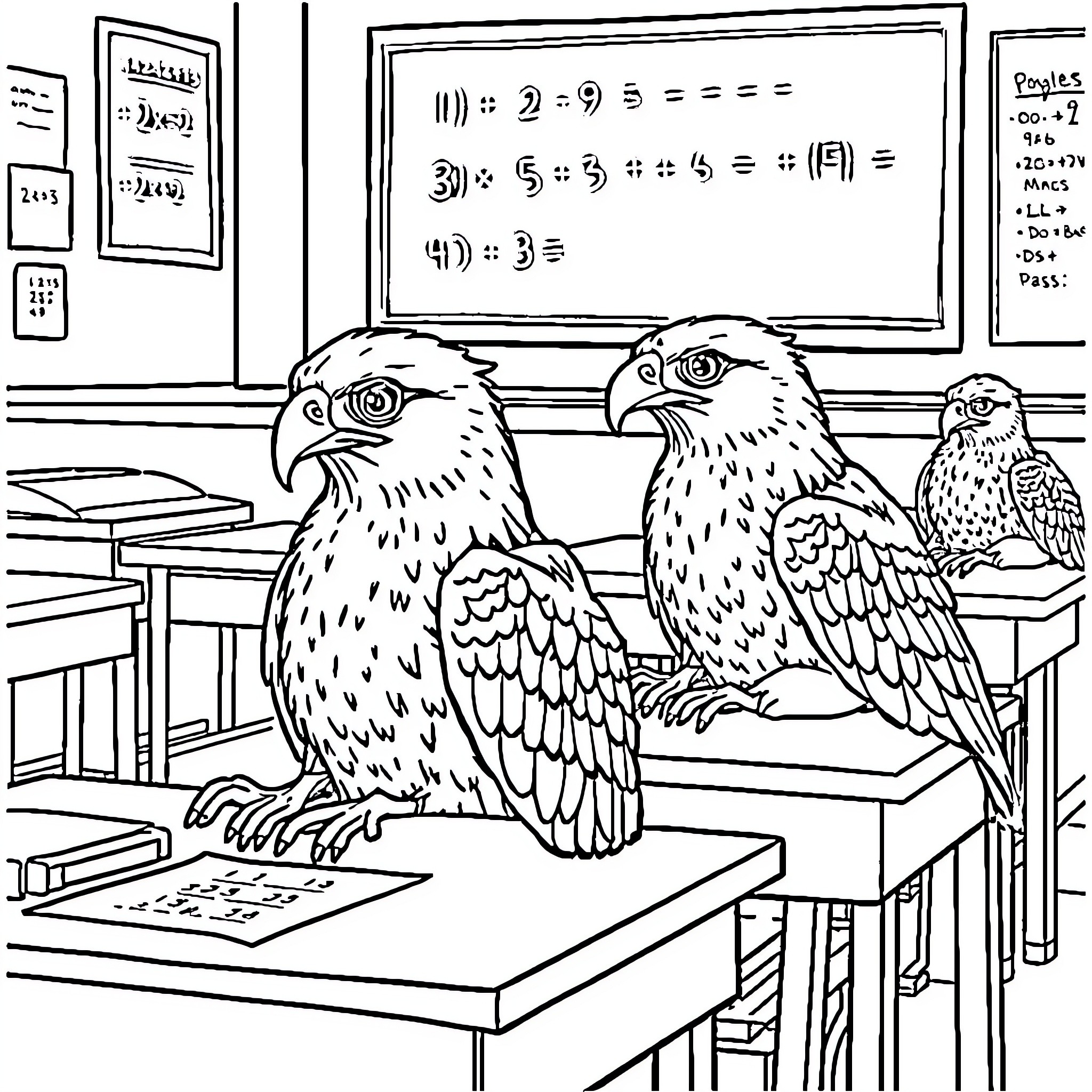 Hawk teachers instructing students in the classroom Coloring Page (free black-and-white line drawing printable PDF for all, from beginners to advanced learners, including children, teens, adults, and seniors)