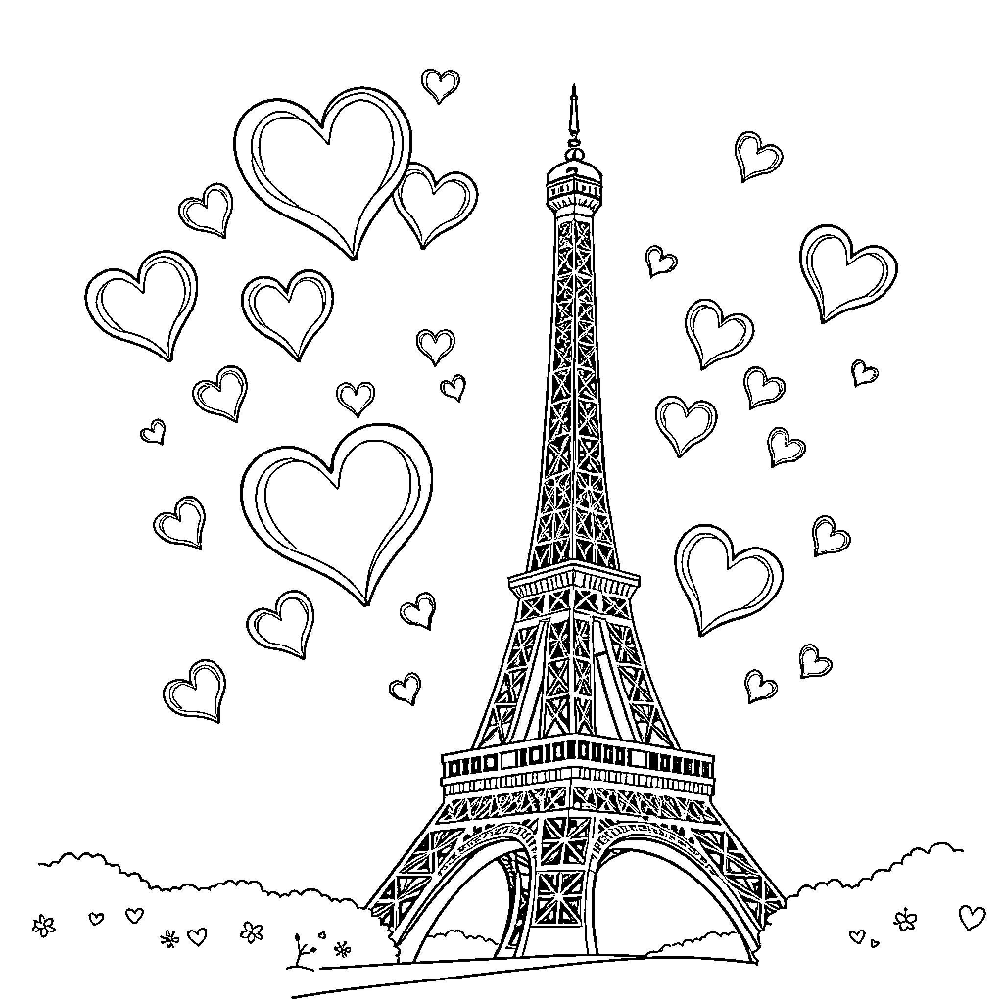 Eiffel Tower surrounded by romantic hearts Coloring Page (free black-and-white line drawing printable PDF for all, from beginners to advanced learners, including children, teens, adults, and seniors)