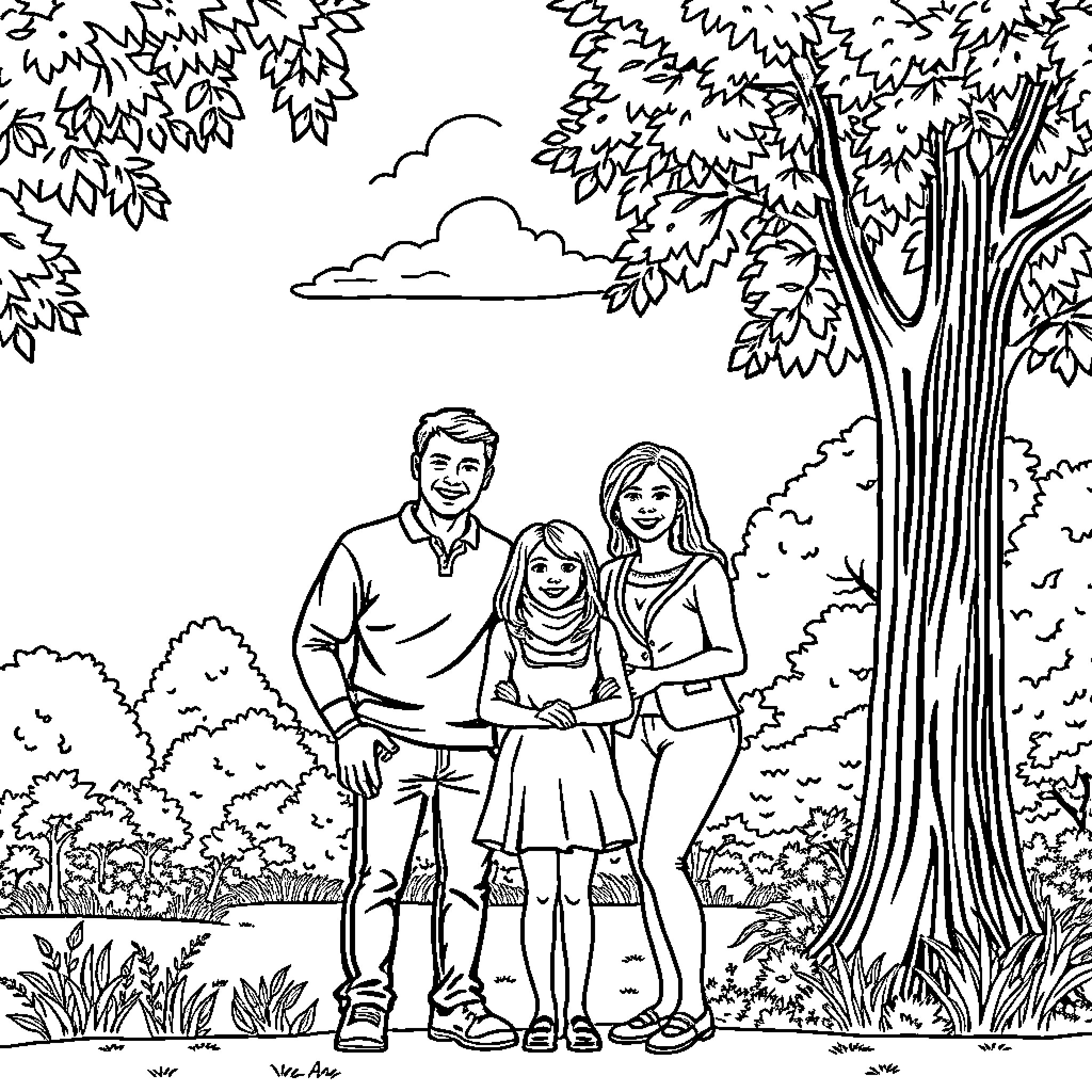 Family enjoying nature outdoors Coloring Page (free black-and-white line drawing printable PDF for all, from beginners to advanced learners, including children, teens, adults, and seniors)