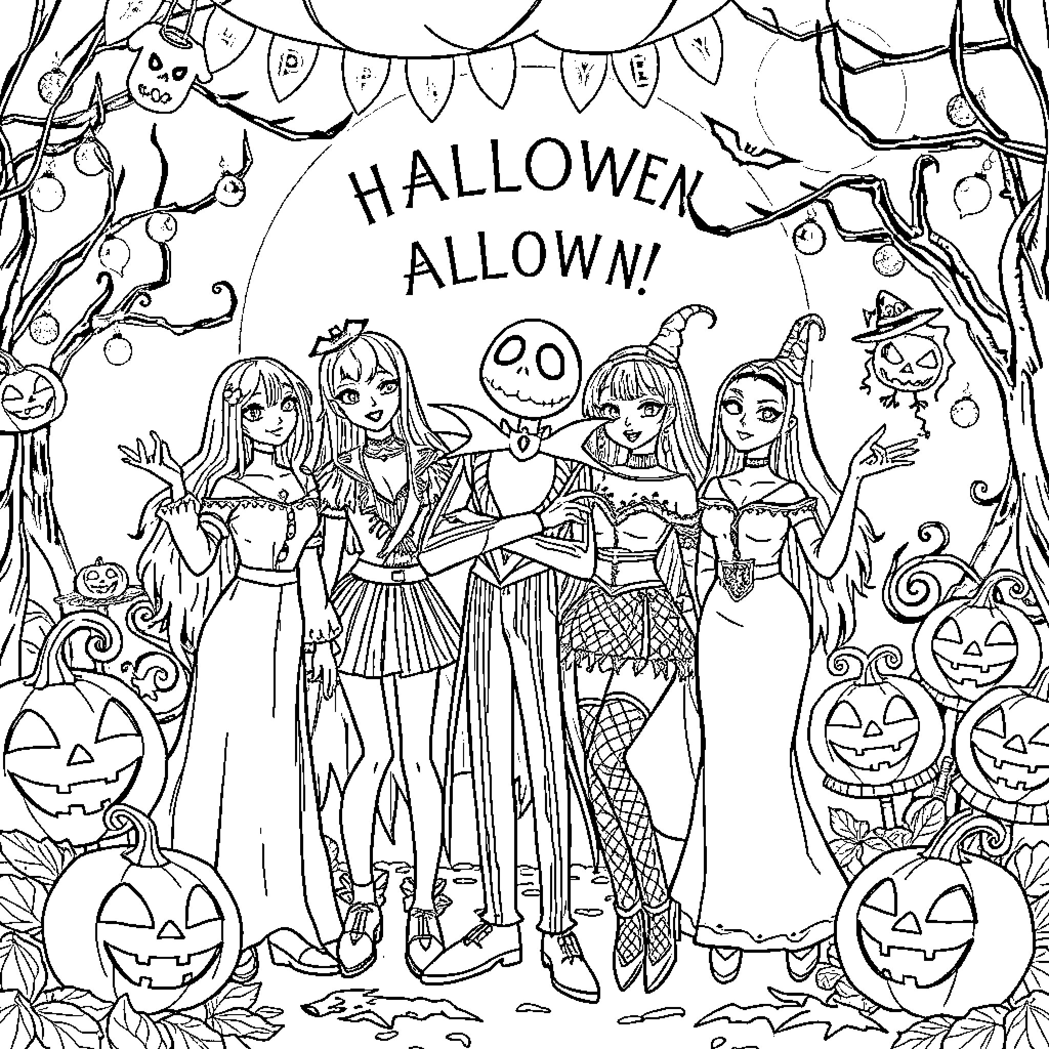 Kpop Demon Hunters Celebrate Halloween Coloring Page (free black-and-white line drawing printable PDF for all, from beginners to advanced learners, including children, teens, adults, and seniors)