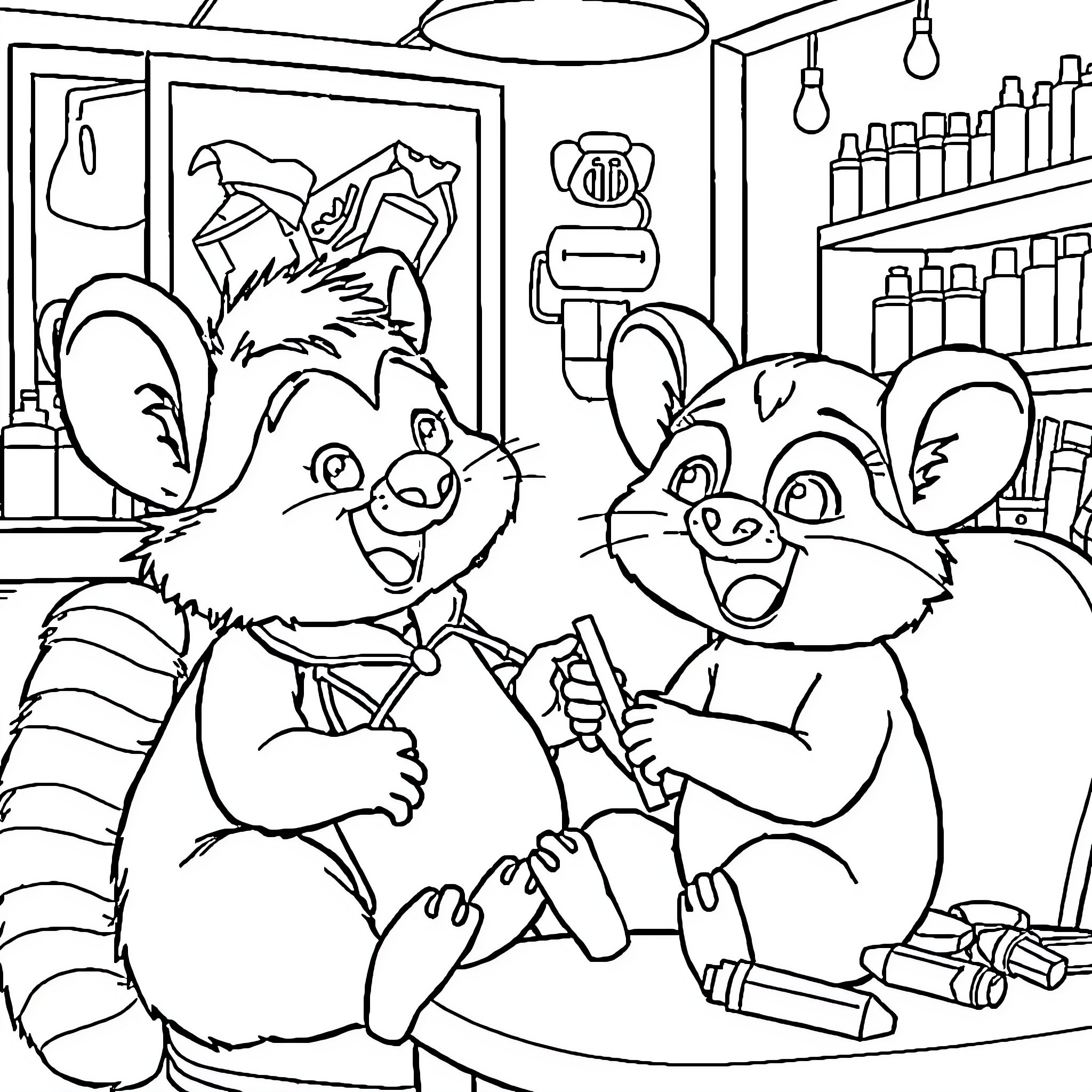 Gaby's Cartoon Friends Explore the Workshop Coloring Page (free black-and-white line drawing printable PDF for all, from beginners to advanced learners, including children, teens, adults, and seniors)