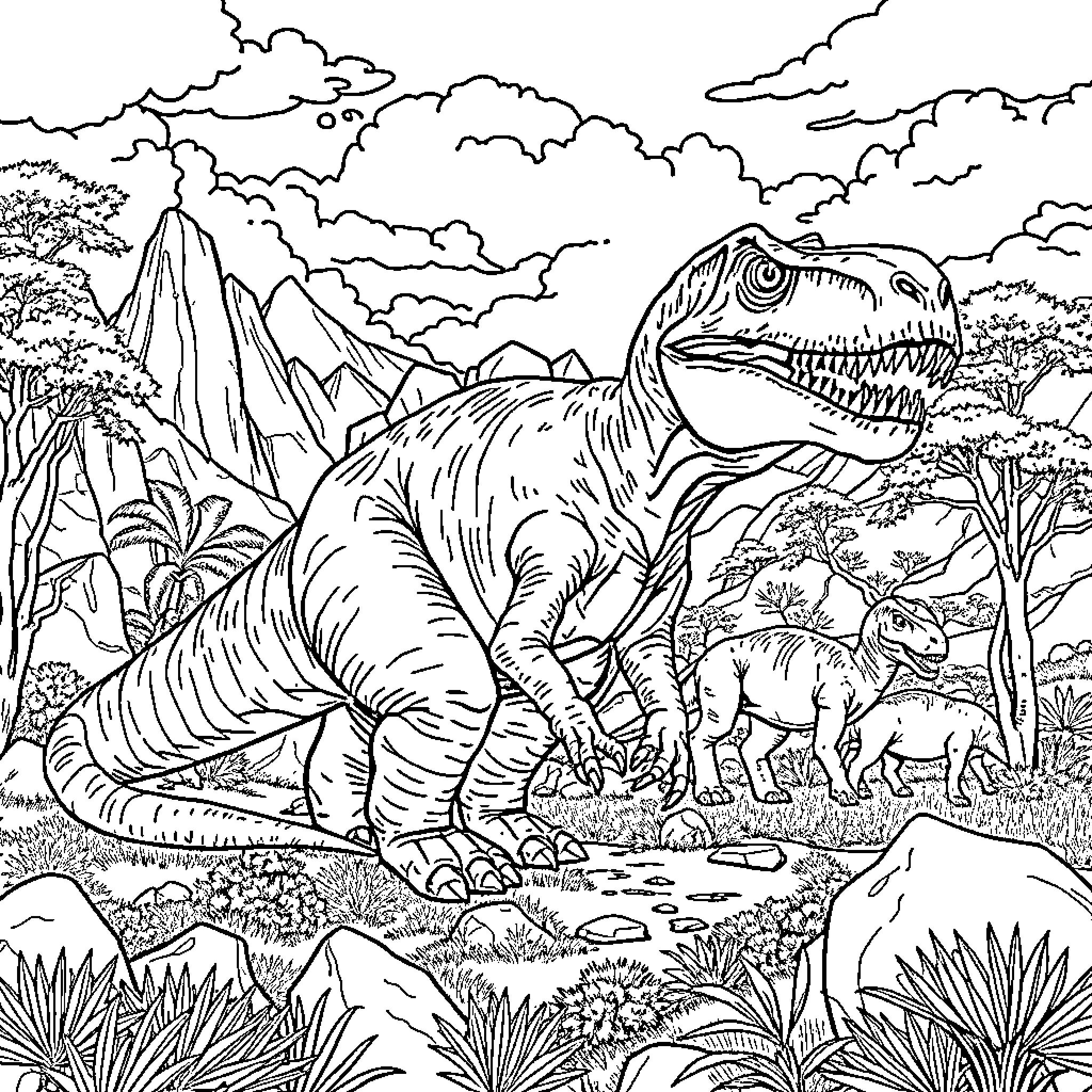 Dinosaurs roaming prehistoric landscape Coloring Page (free black-and-white line drawing printable PDF for all, from beginners to advanced learners, including children, teens, adults, and seniors)